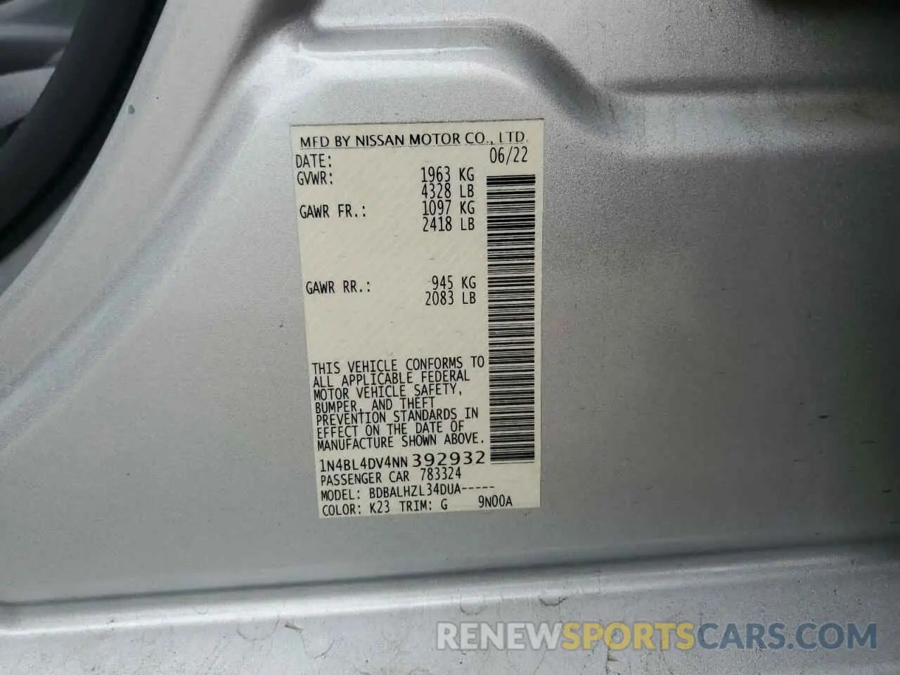 12 fotografías del automóvil dañado 1N4BL4DV4NN392932 NISSAN ALTIMA 2022