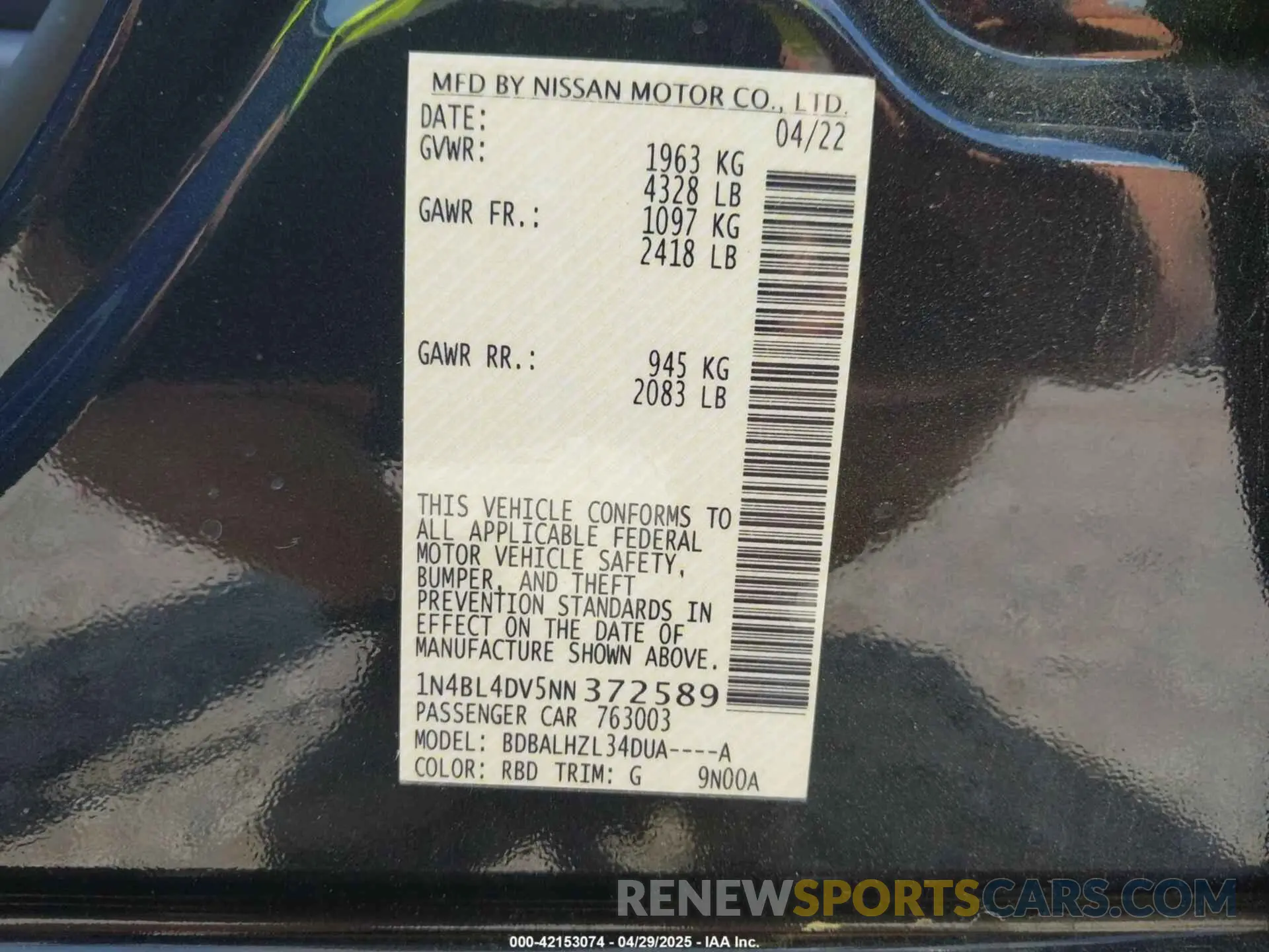 9 fotografías del automóvil dañado 1N4BL4DV5NN372589 NISSAN ALTIMA 2022
