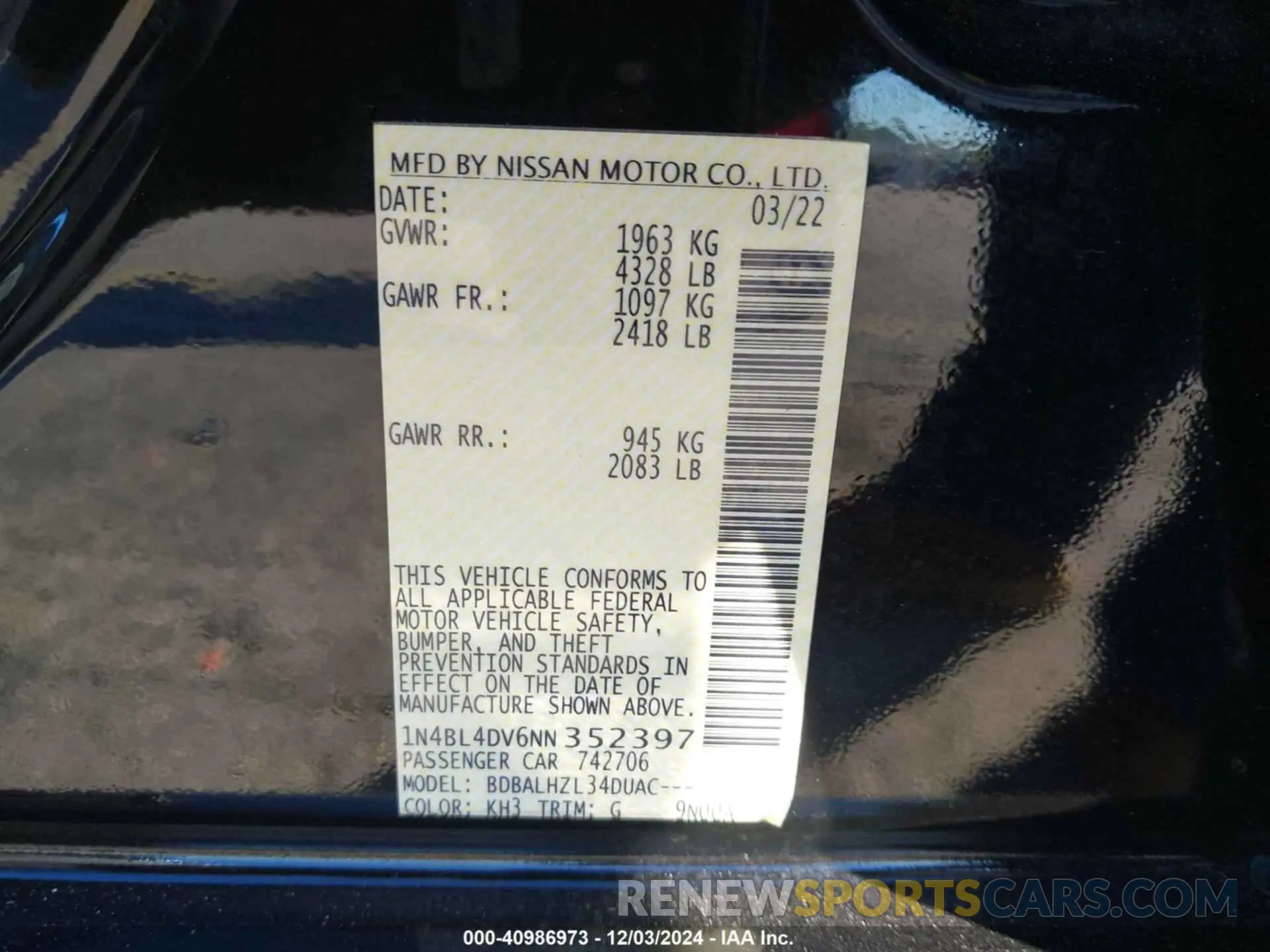 9 fotografías del automóvil dañado 1N4BL4DV6NN352397 NISSAN ALTIMA 2022