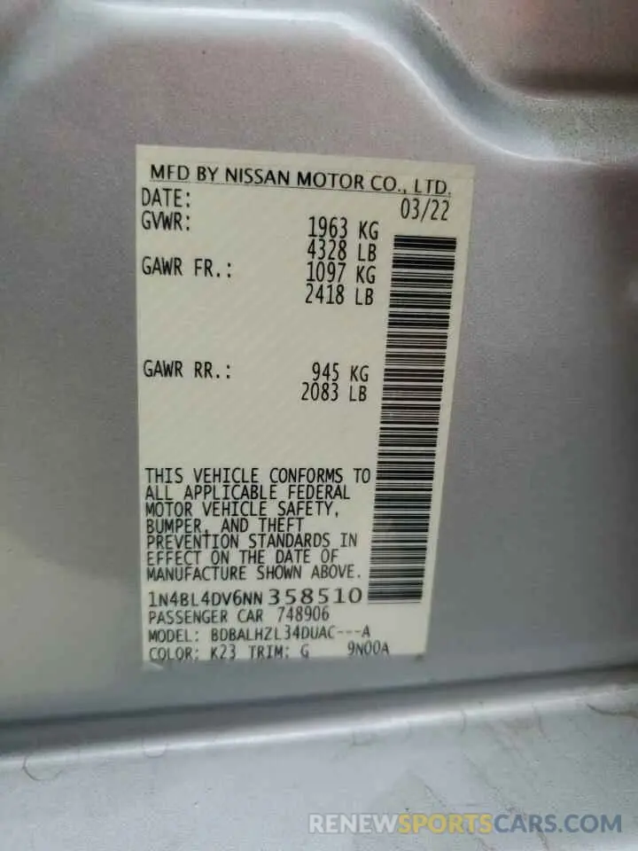 15 fotografías del automóvil dañado 1N4BL4DV6NN358510 NISSAN ALTIMA 2022
