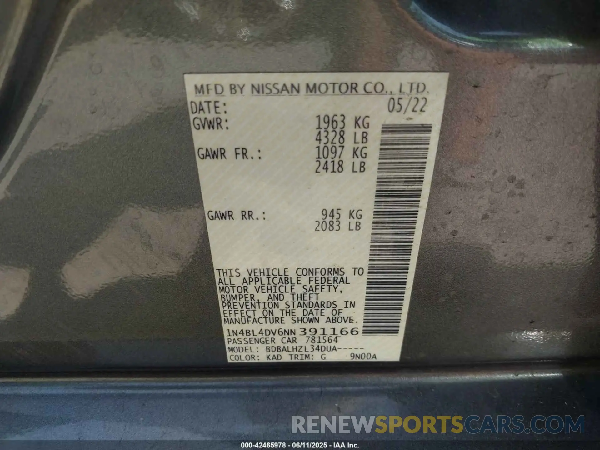 9 fotografías del automóvil dañado 1N4BL4DV6NN391166 NISSAN ALTIMA 2022