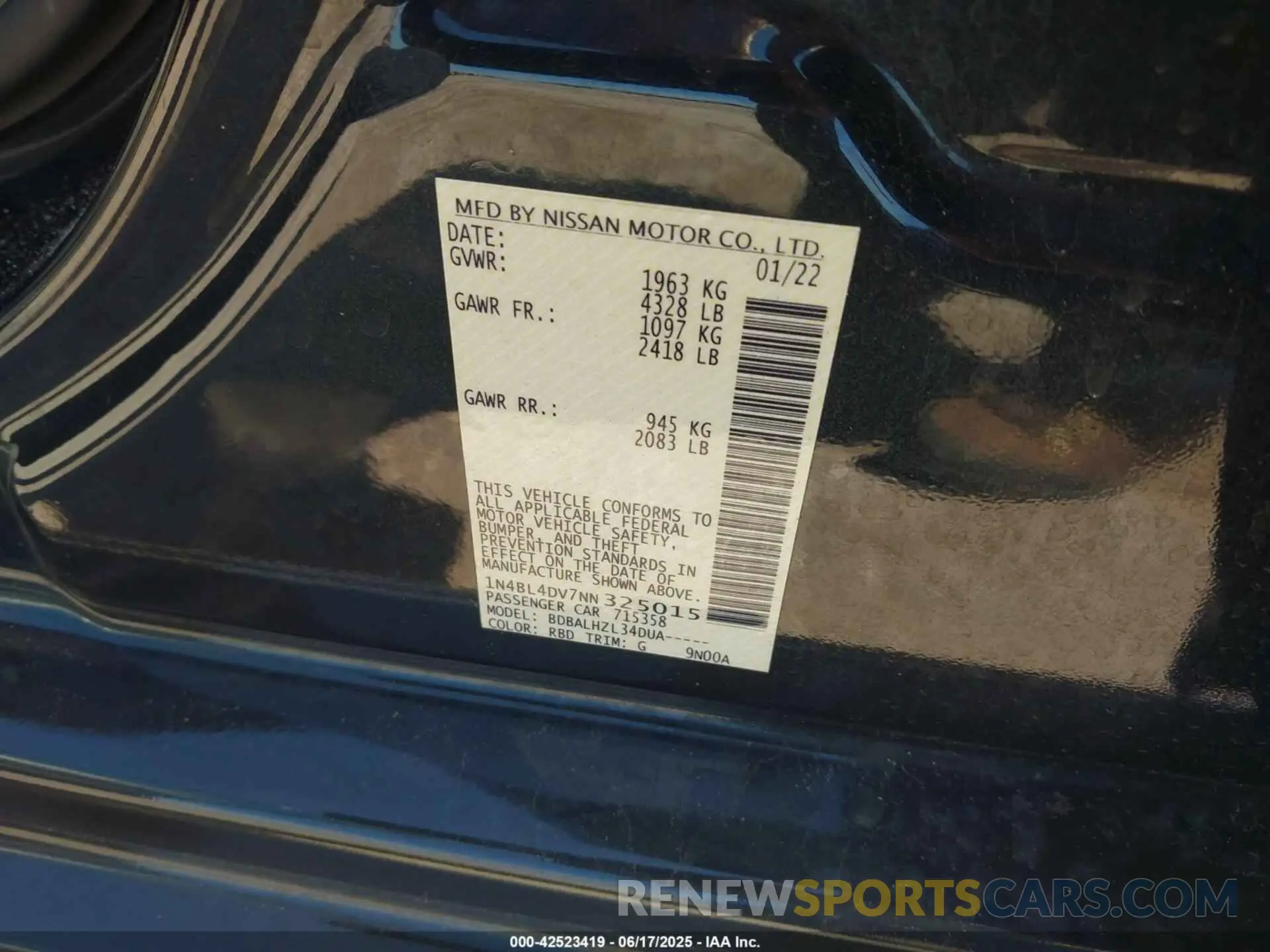 9 fotografías del automóvil dañado 1N4BL4DV7NN325015 NISSAN ALTIMA 2022