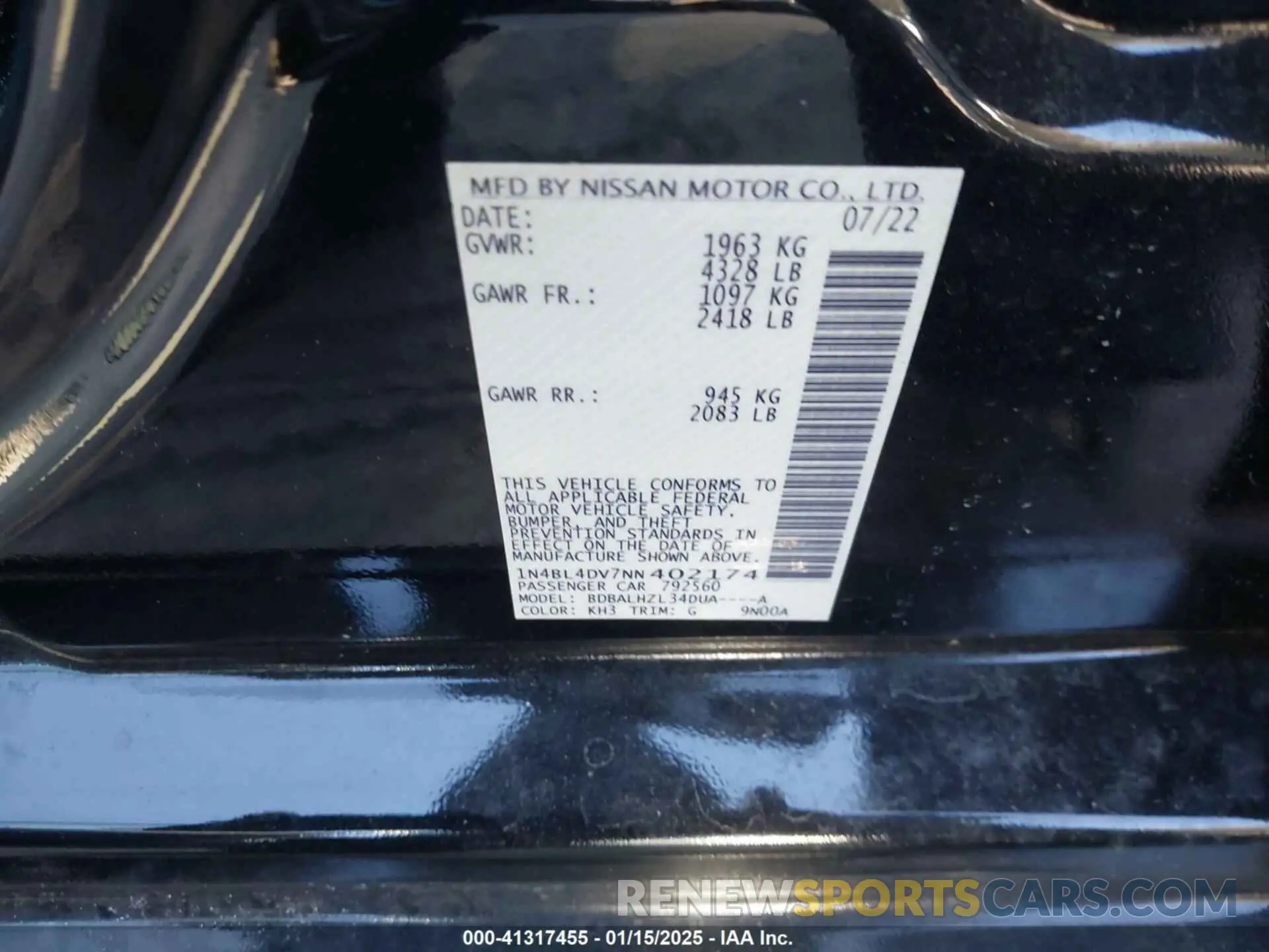 9 fotografías del automóvil dañado 1N4BL4DV7NN402174 NISSAN ALTIMA 2022