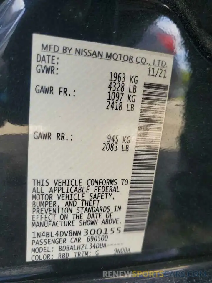 12 fotografías del automóvil dañado 1N4BL4DV8NN300155 NISSAN ALTIMA 2022