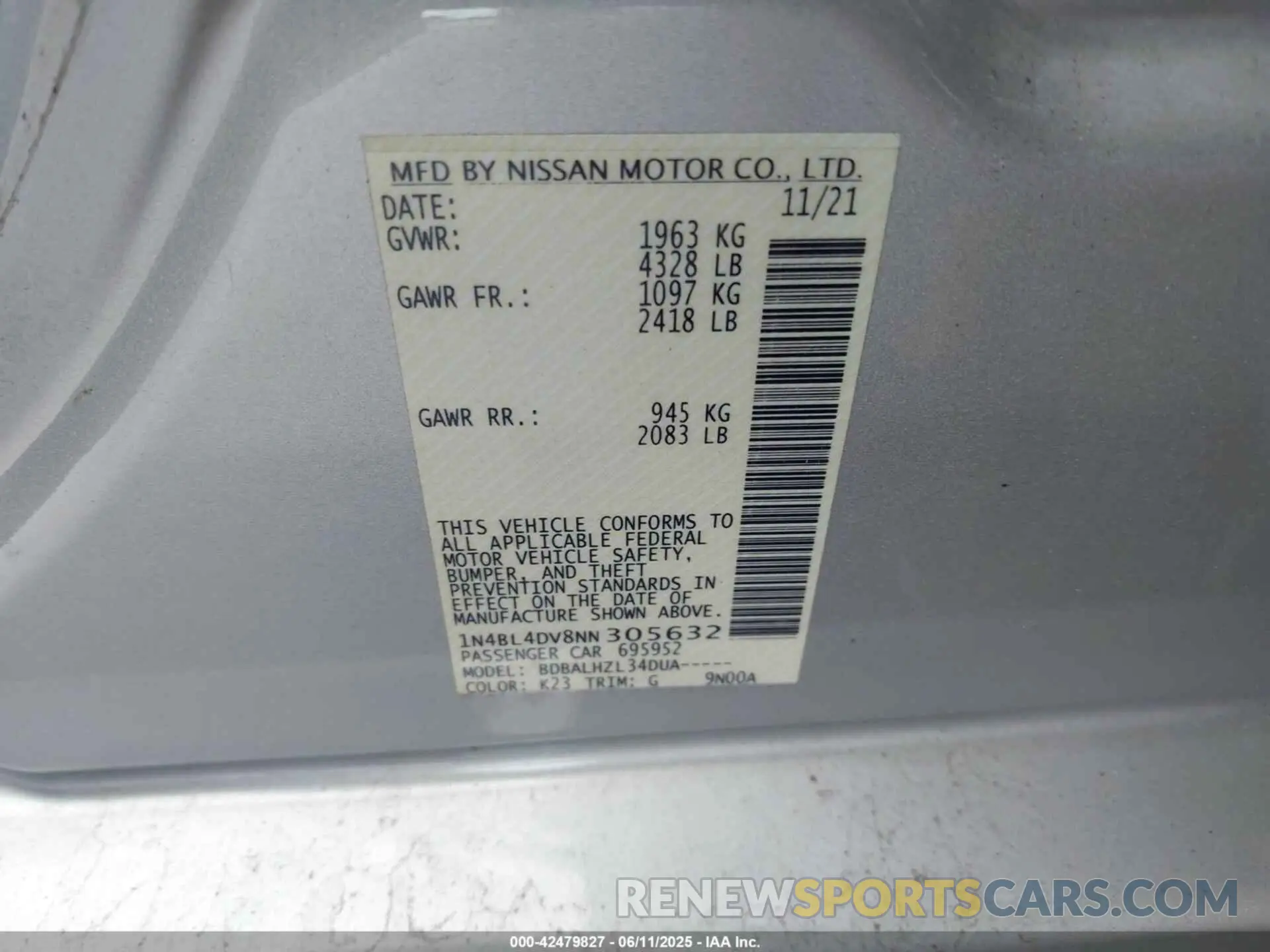 9 fotografías del automóvil dañado 1N4BL4DV8NN305632 NISSAN ALTIMA 2022