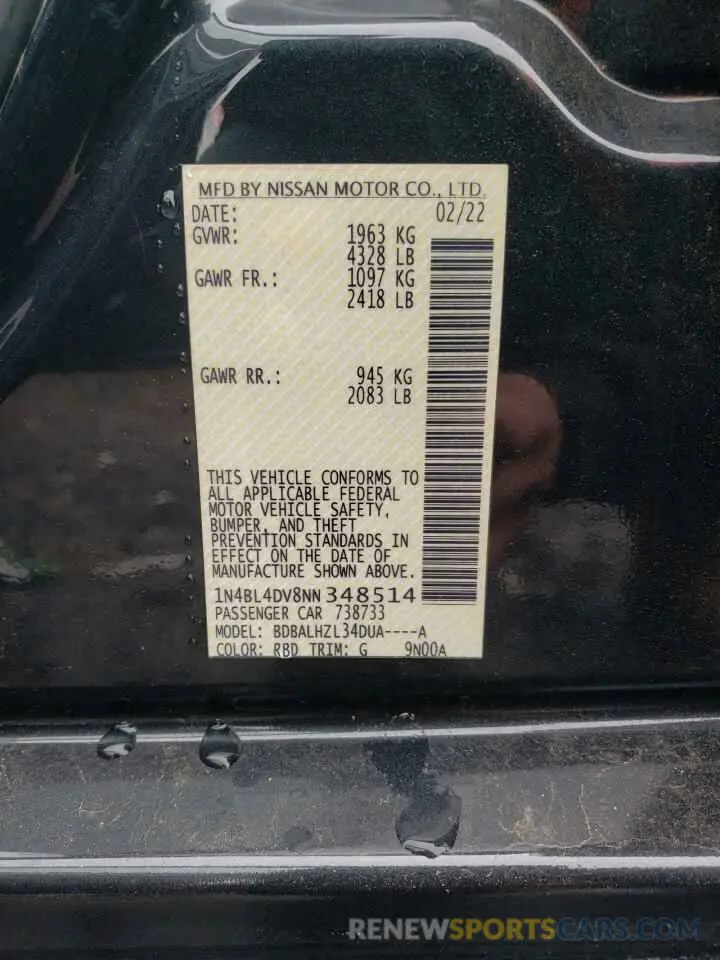 12 fotografías del automóvil dañado 1N4BL4DV8NN348514 NISSAN ALTIMA 2022