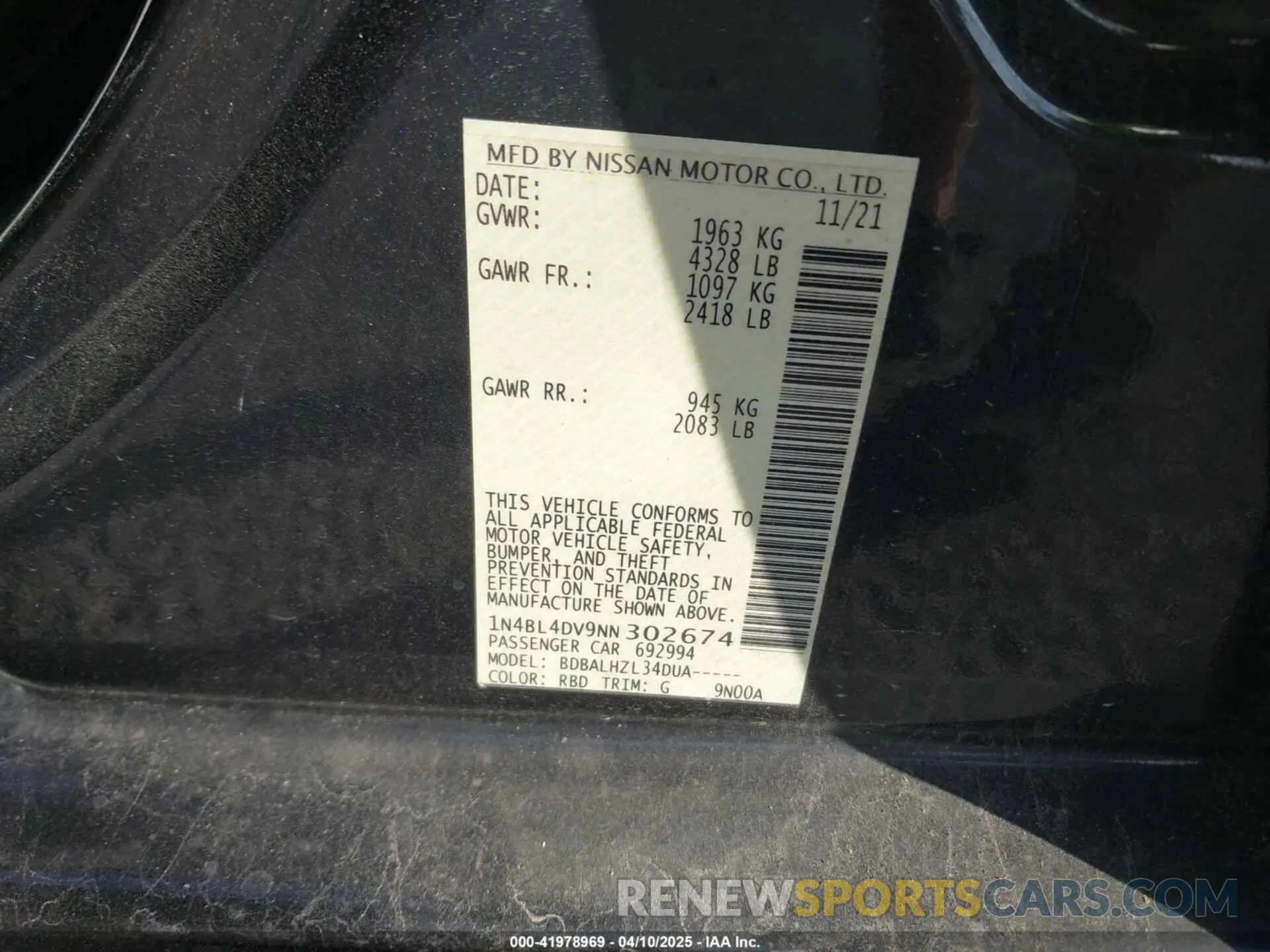 9 fotografías del automóvil dañado 1N4BL4DV9NN302674 NISSAN ALTIMA 2022