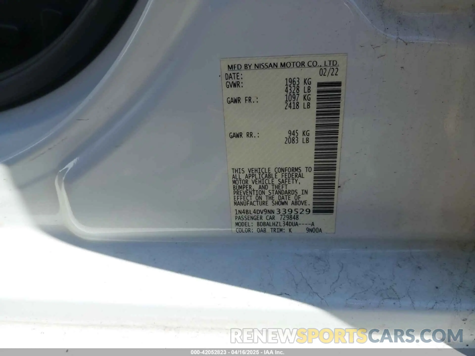 9 fotografías del automóvil dañado 1N4BL4DV9NN339529 NISSAN ALTIMA 2022