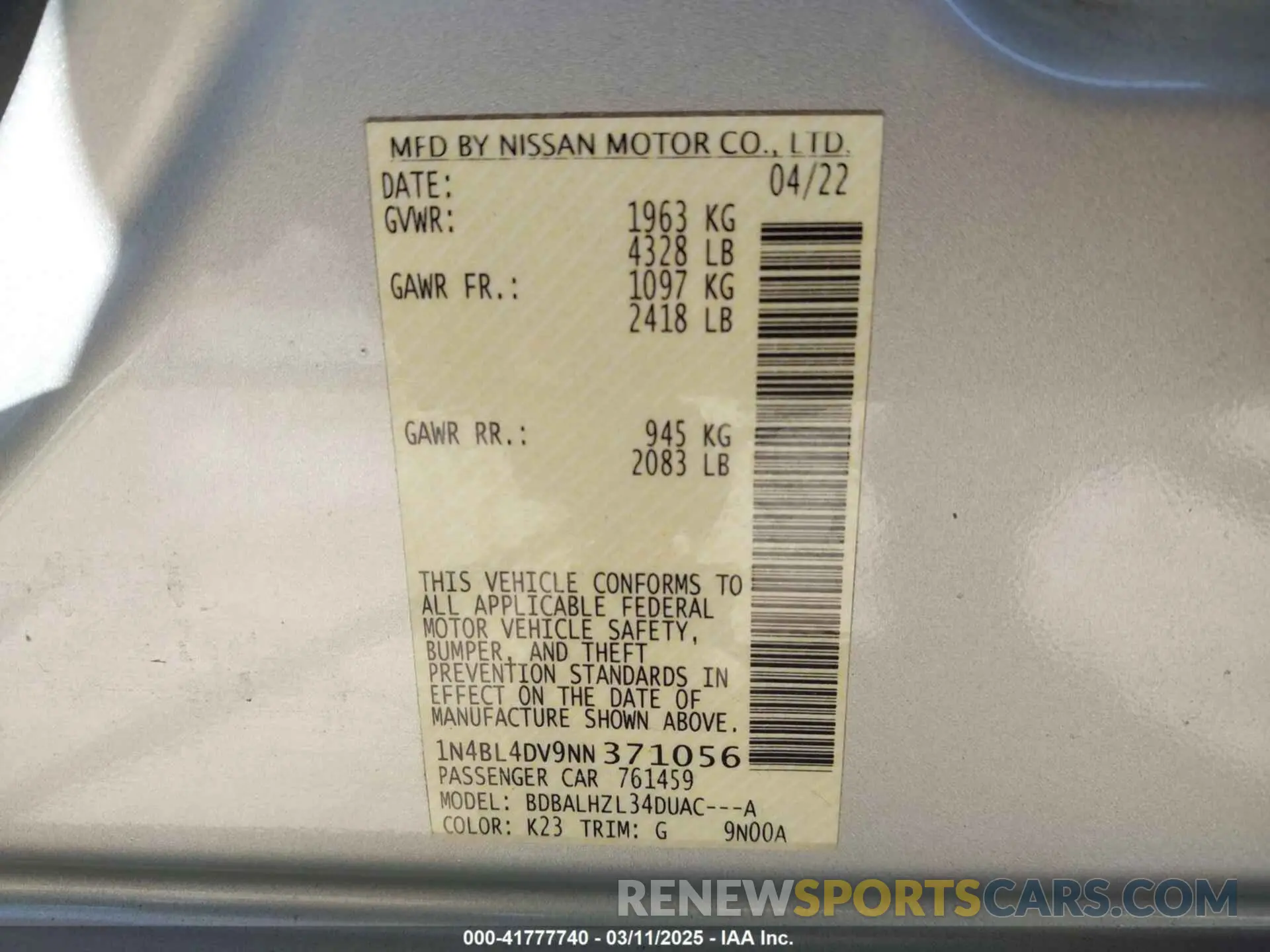 9 fotografías del automóvil dañado 1N4BL4DV9NN371056 NISSAN ALTIMA 2022