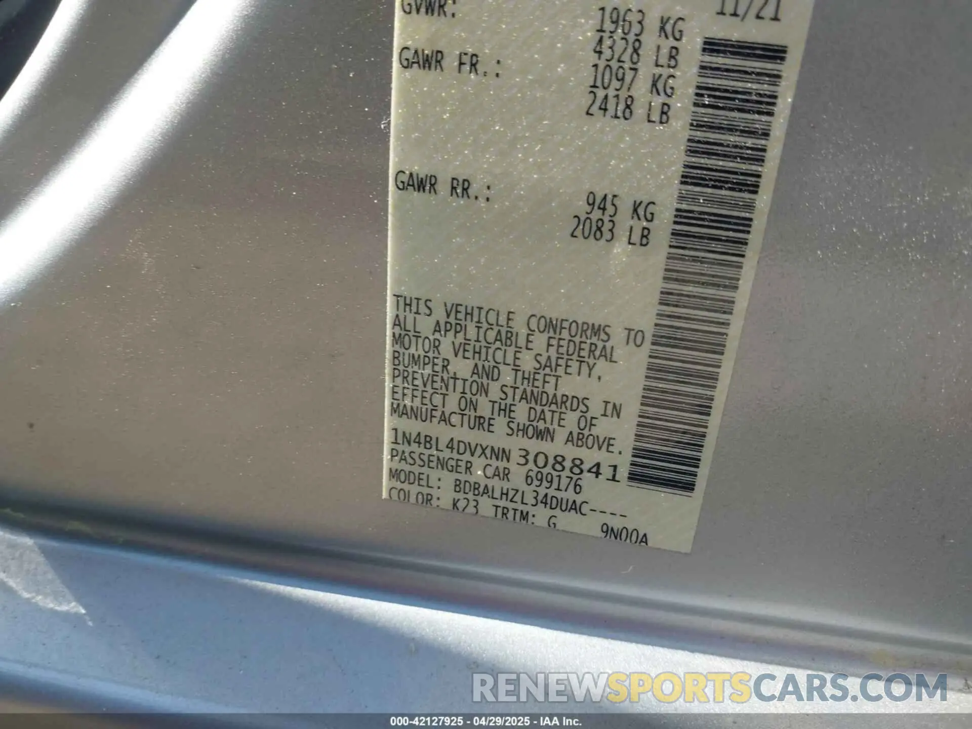 9 fotografías del automóvil dañado 1N4BL4DVXNN308841 NISSAN ALTIMA 2022