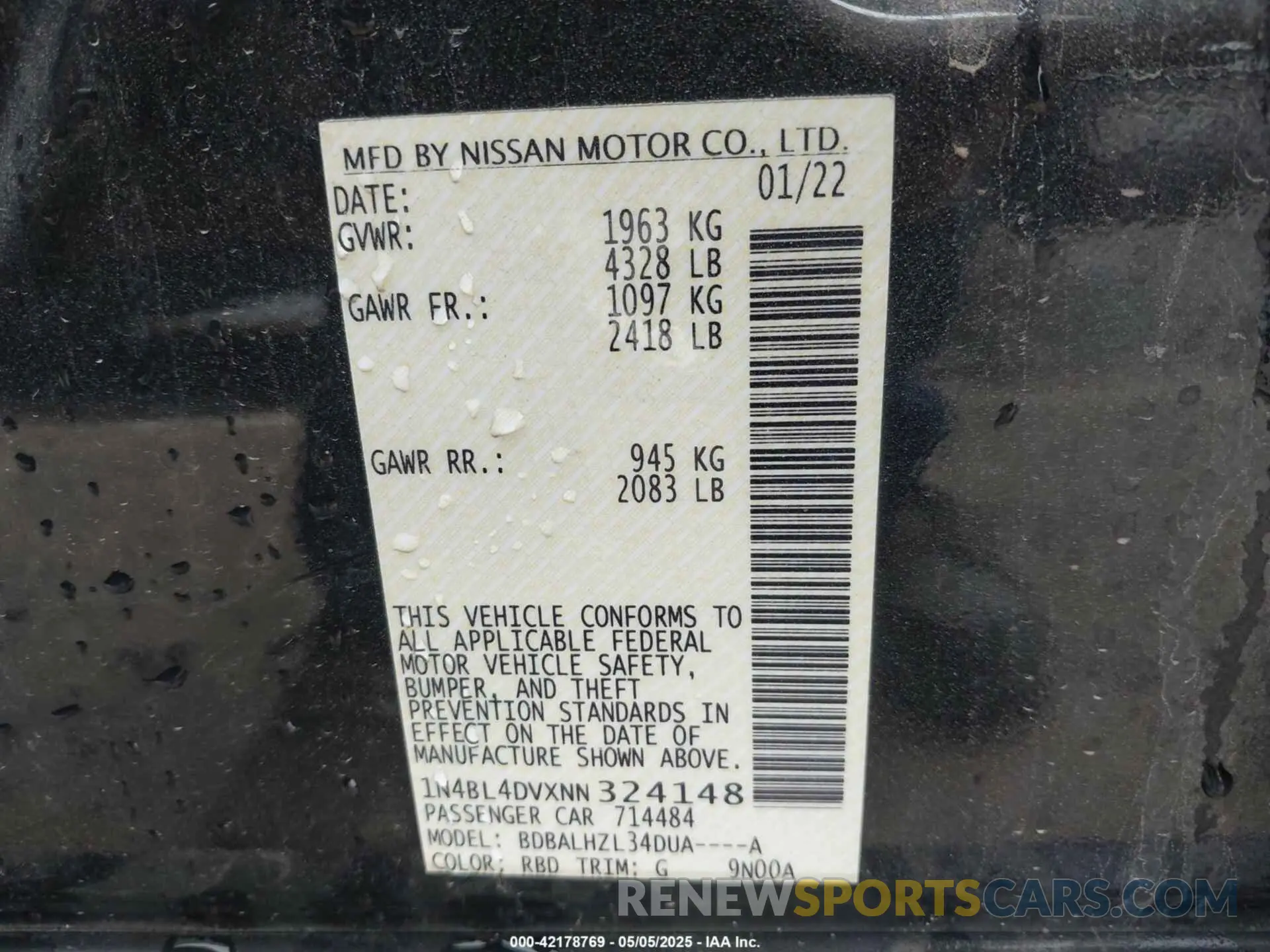9 fotografías del automóvil dañado 1N4BL4DVXNN324148 NISSAN ALTIMA 2022