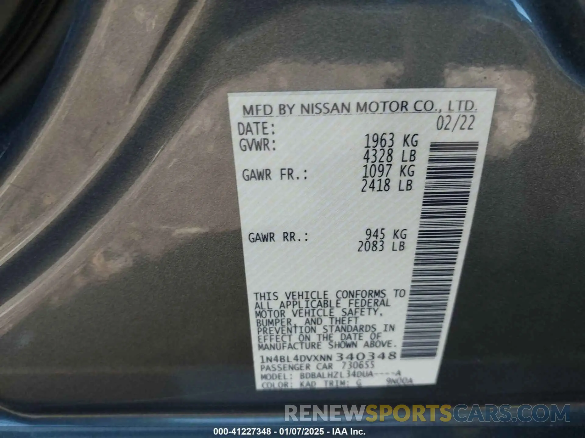 9 fotografías del automóvil dañado 1N4BL4DVXNN340348 NISSAN ALTIMA 2022