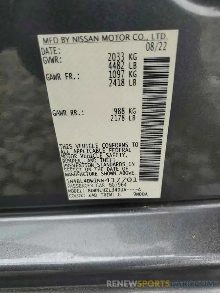 12 fotografías del automóvil dañado 1N4BL4DW1NN417701 NISSAN ALTIMA 2022