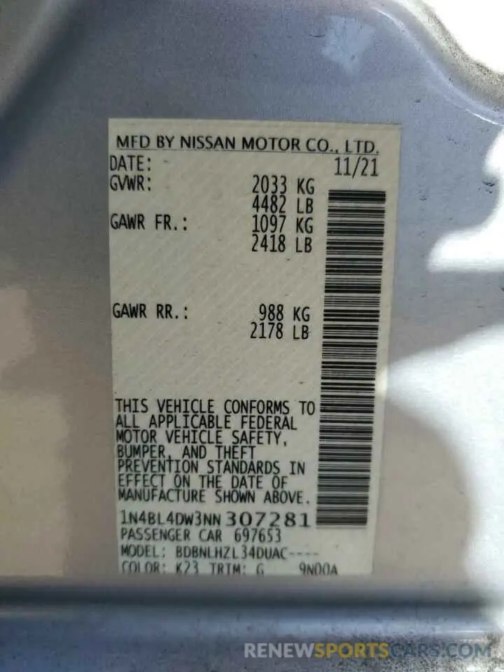 12 fotografías del automóvil dañado 1N4BL4DW3NN307281 NISSAN ALTIMA 2022