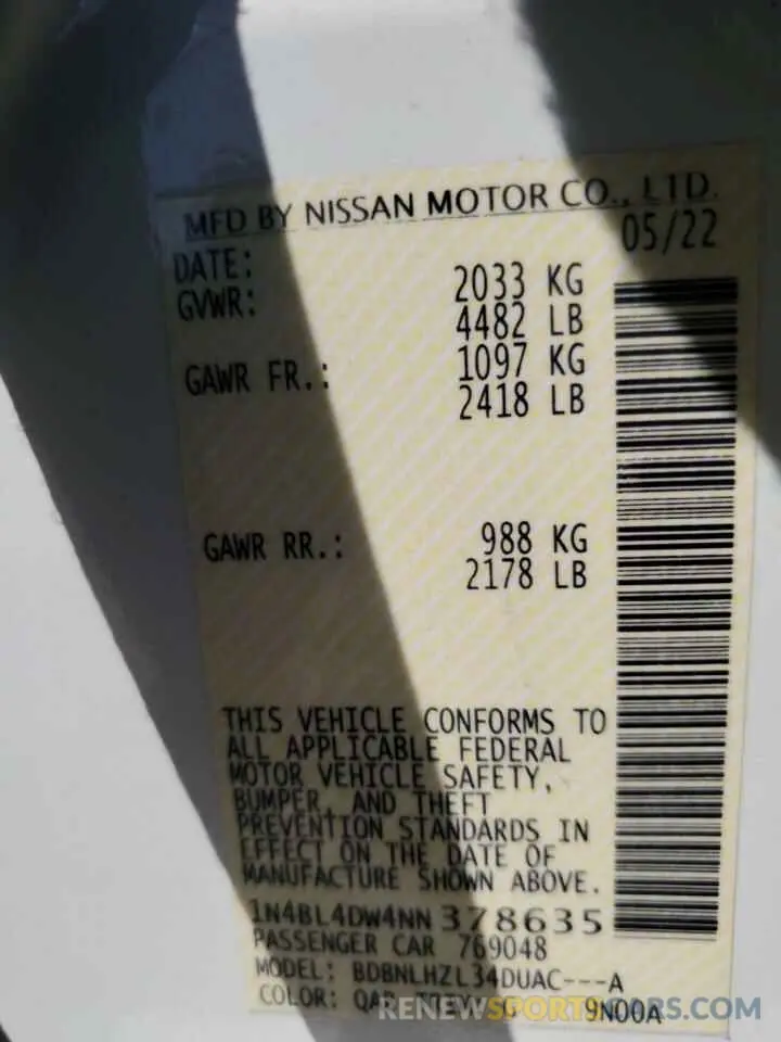 13 fotografías del automóvil dañado 1N4BL4DW4NN378635 NISSAN ALTIMA 2022