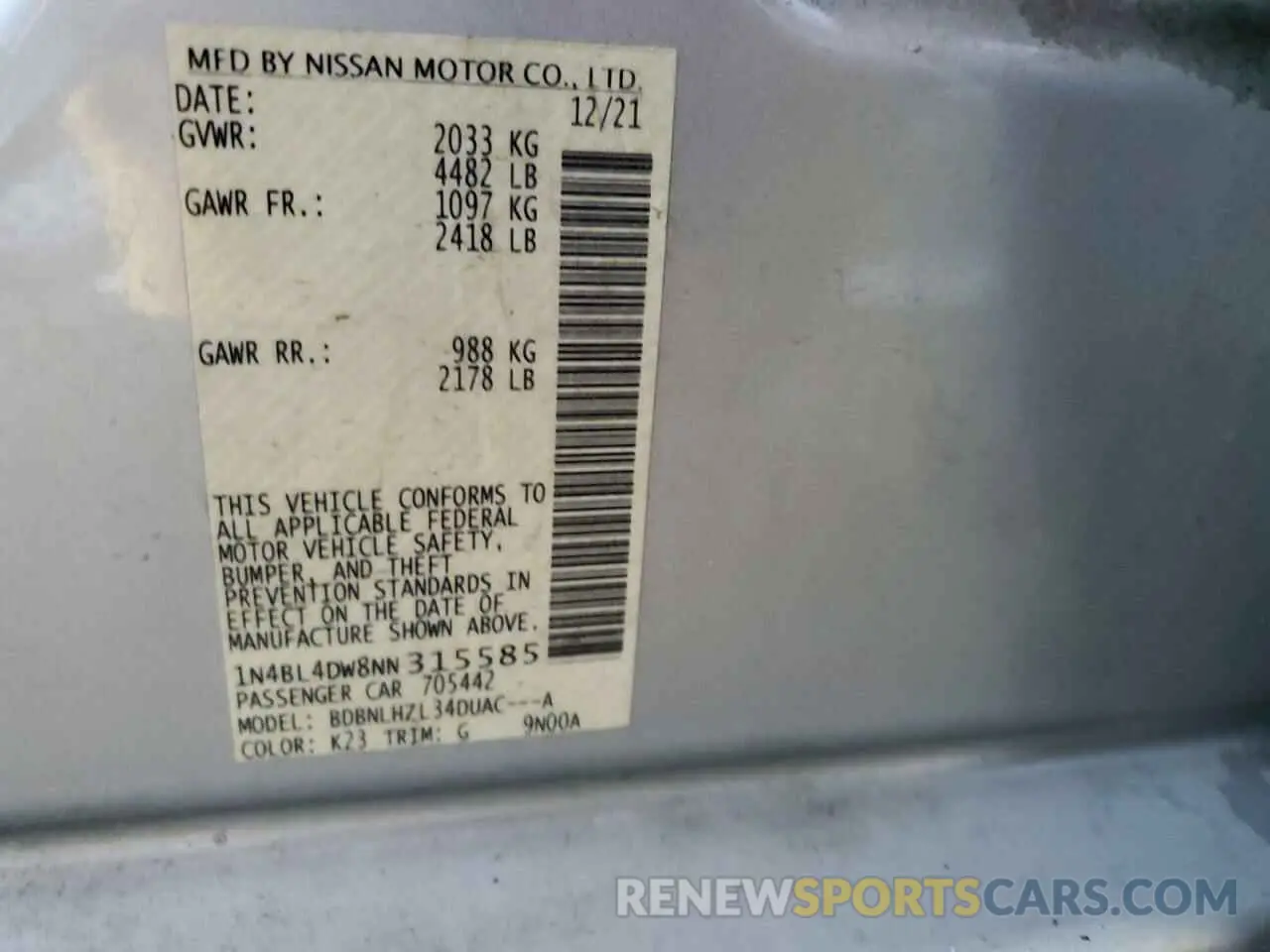 13 fotografías del automóvil dañado 1N4BL4DW8NN315585 NISSAN ALTIMA 2022