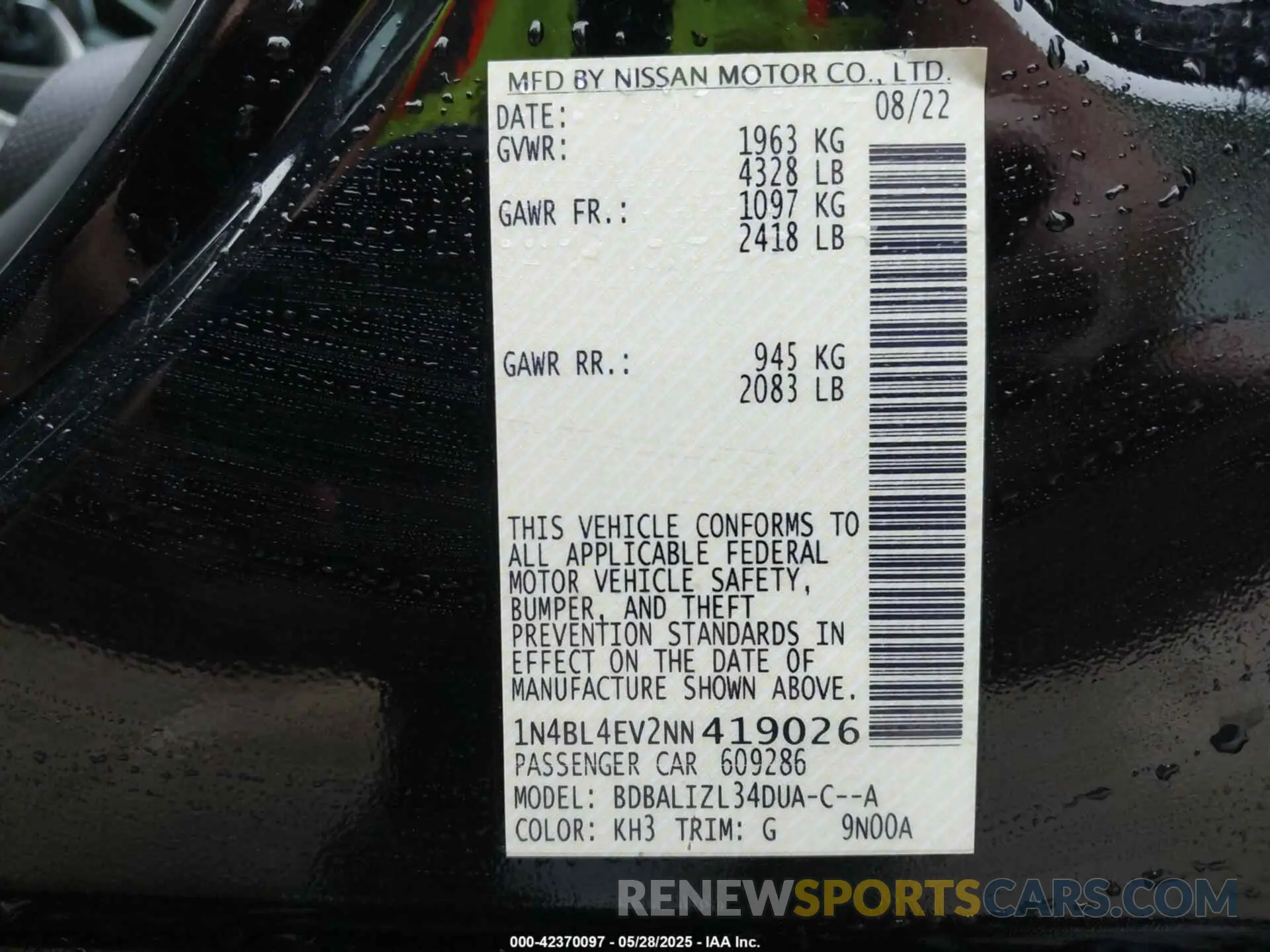 9 fotografías del automóvil dañado 1N4BL4EV2NN419026 NISSAN ALTIMA 2022