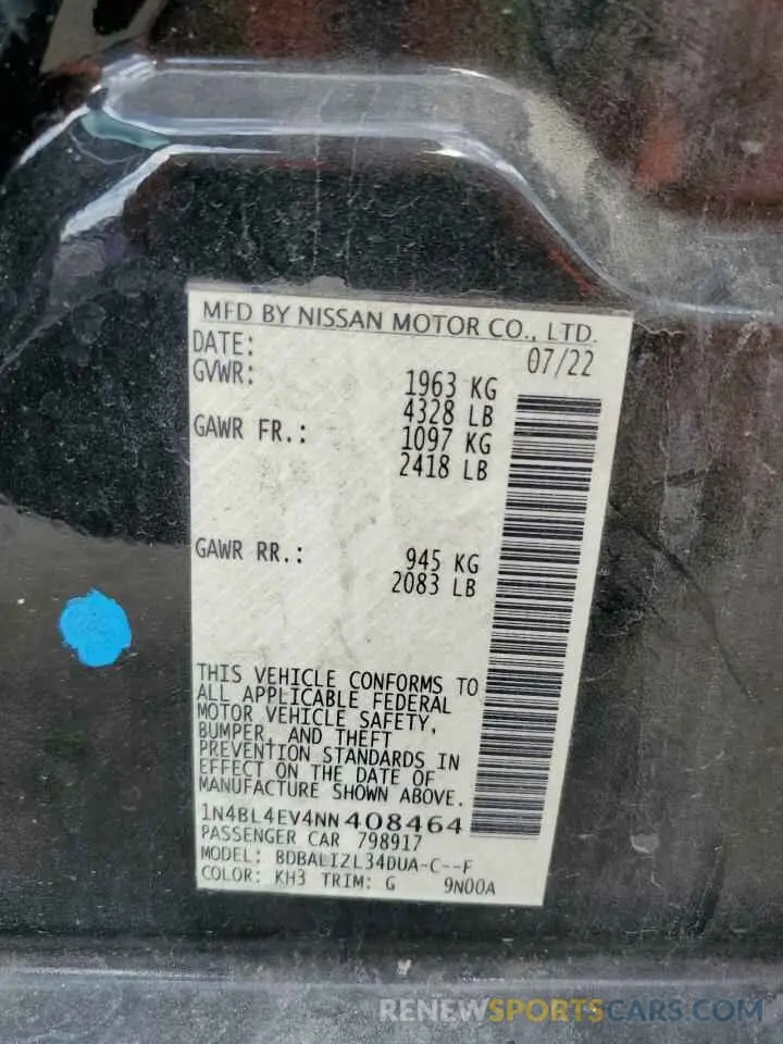 15 fotografías del automóvil dañado 1N4BL4EV4NN408464 NISSAN ALTIMA 2022