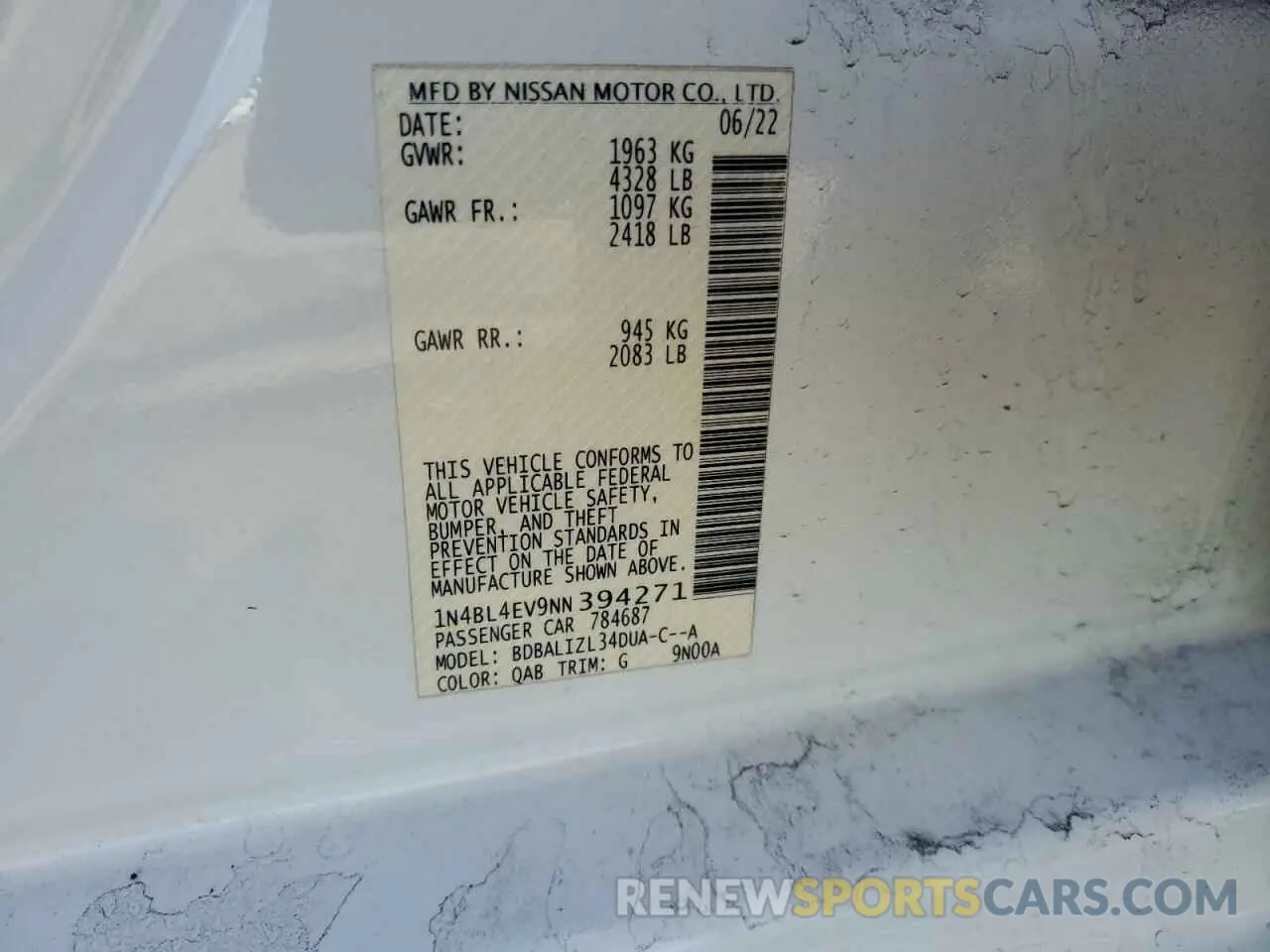12 fotografías del automóvil dañado 1N4BL4EV9NN394271 NISSAN ALTIMA 2022