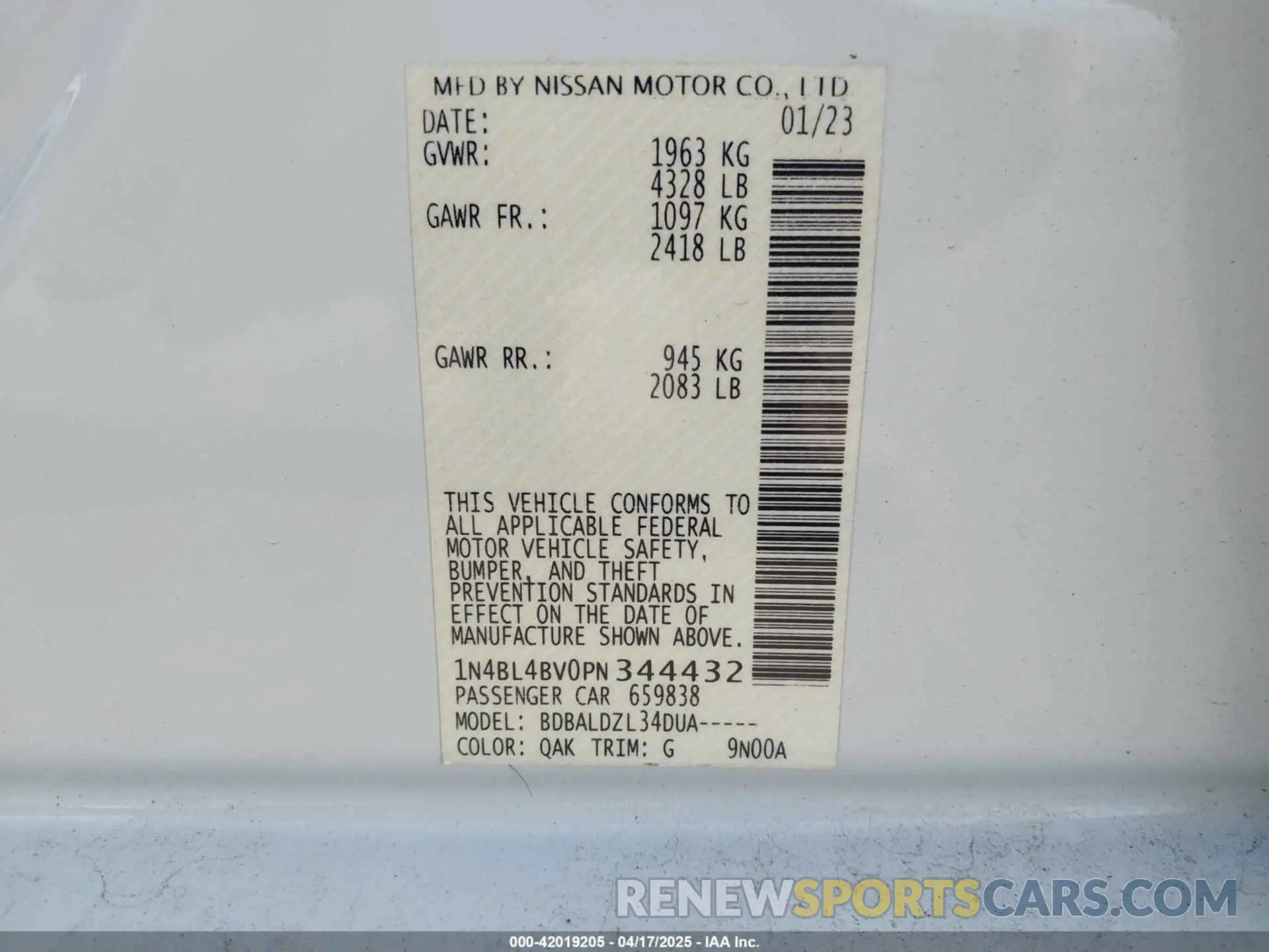 9 fotografías del automóvil dañado 1N4BL4BV0PN344432 NISSAN ALTIMA 2023