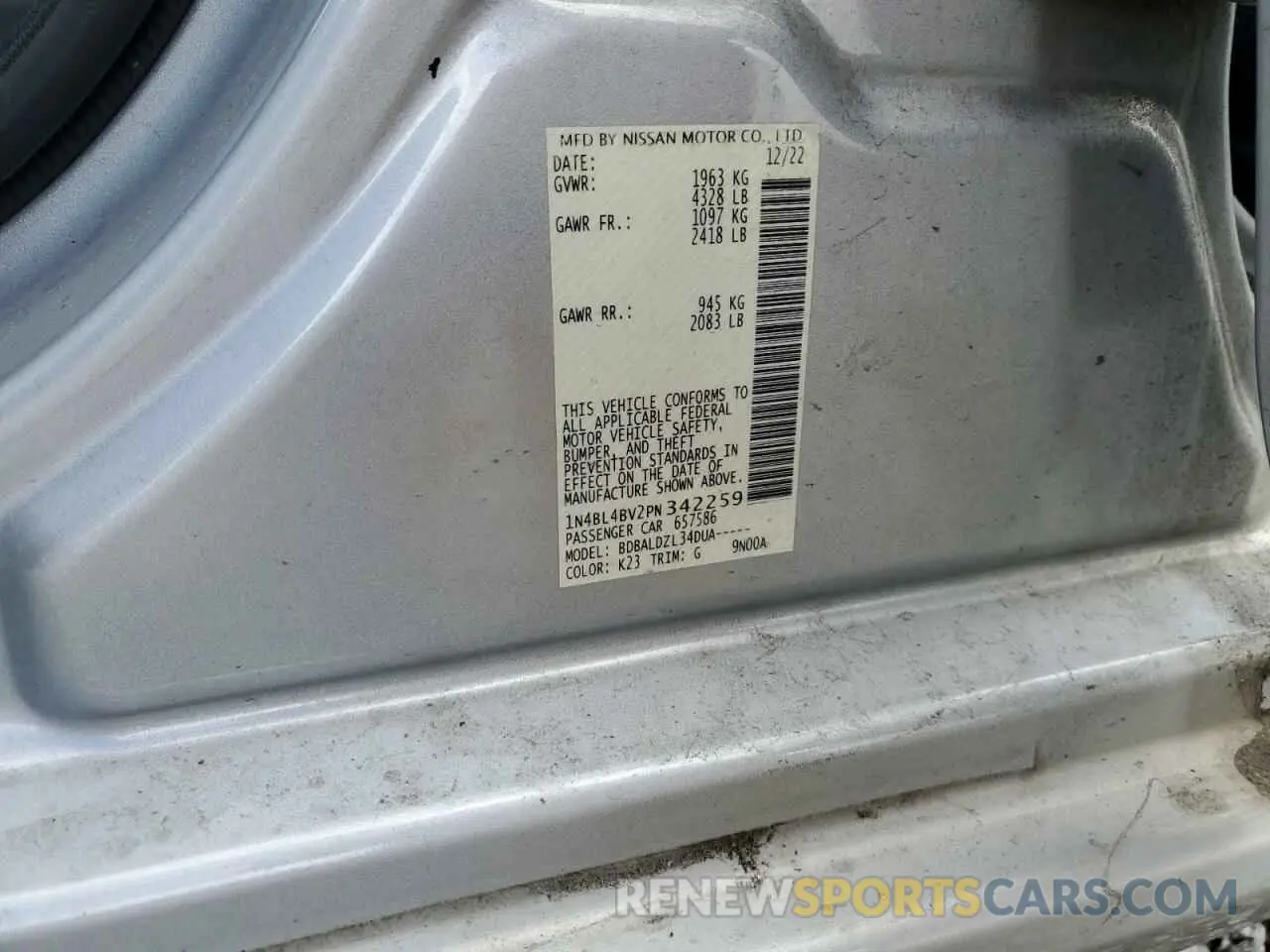 12 fotografías del automóvil dañado 1N4BL4BV2PN342259 NISSAN ALTIMA 2023