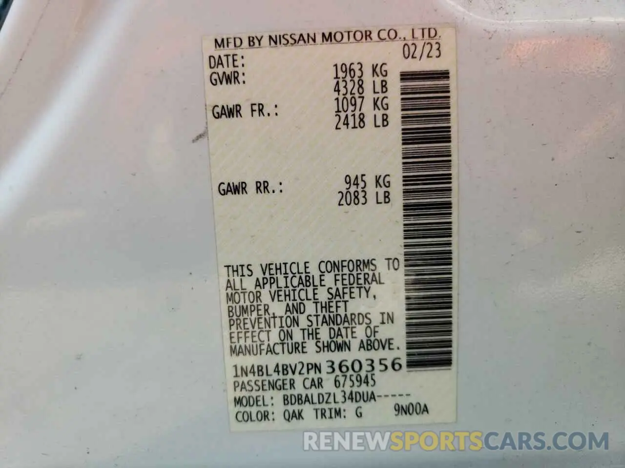12 fotografías del automóvil dañado 1N4BL4BV2PN360356 NISSAN ALTIMA 2023