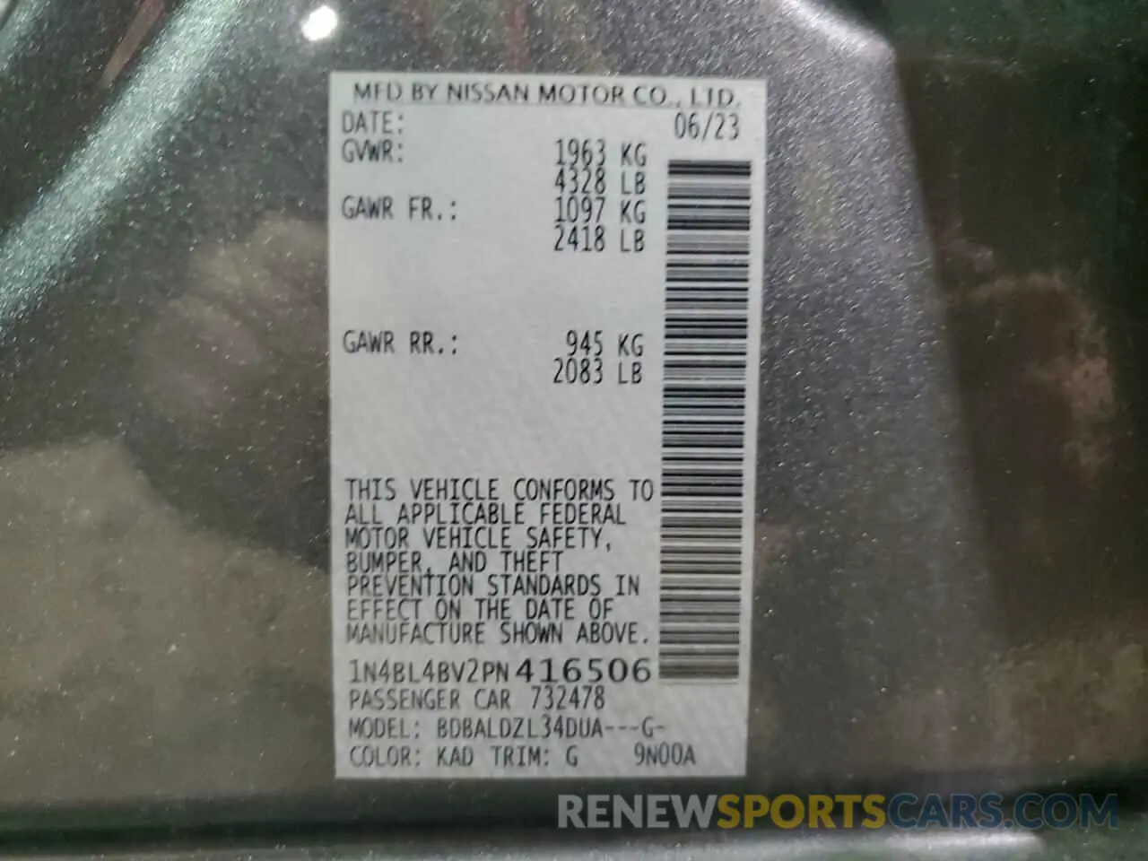 13 fotografías del automóvil dañado 1N4BL4BV2PN416506 NISSAN ALTIMA 2023