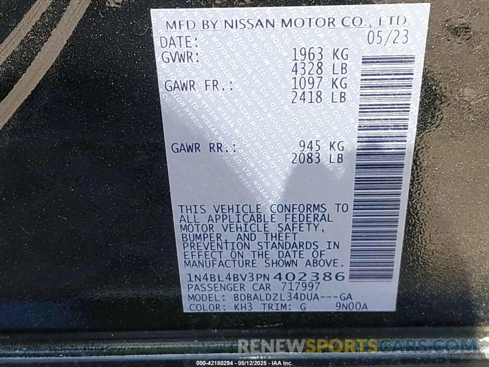 9 fotografías del automóvil dañado 1N4BL4BV3PN402386 NISSAN ALTIMA 2023