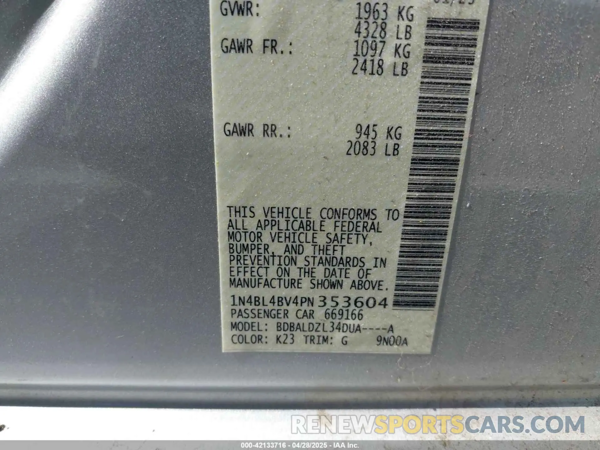 9 fotografías del automóvil dañado 1N4BL4BV4PN353604 NISSAN ALTIMA 2023