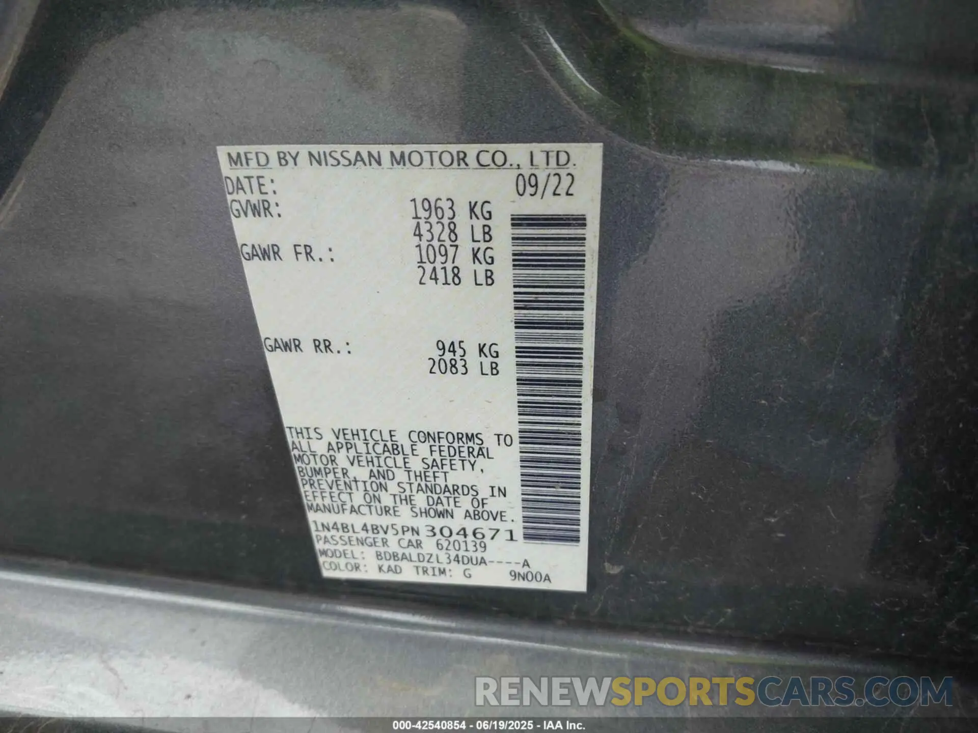9 fotografías del automóvil dañado 1N4BL4BV5PN304671 NISSAN ALTIMA 2023