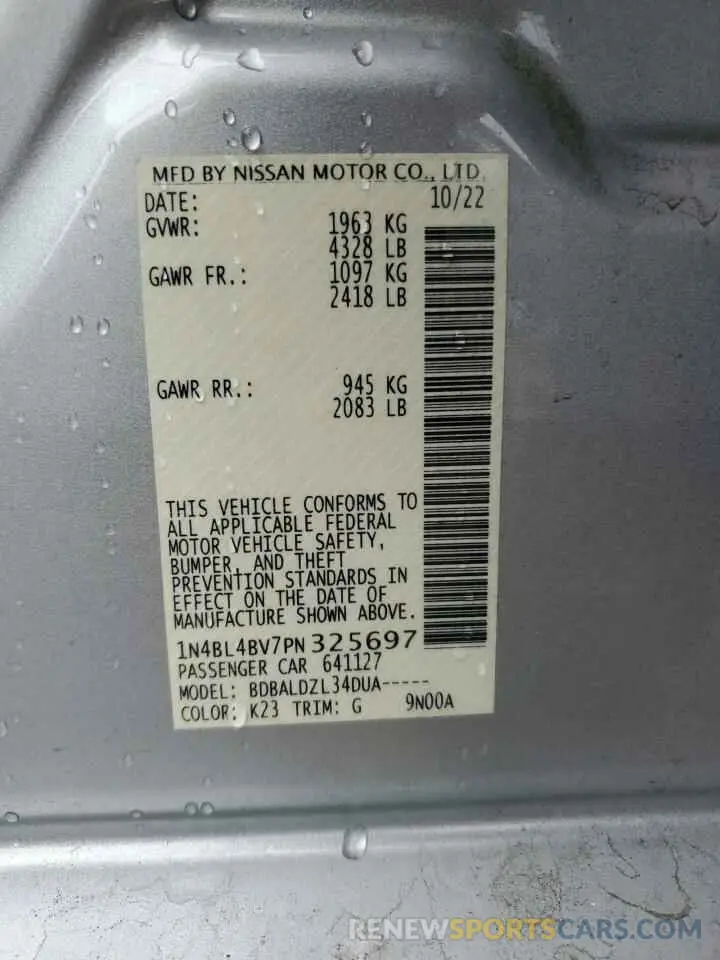 12 fotografías del automóvil dañado 1N4BL4BV7PN325697 NISSAN ALTIMA 2023
