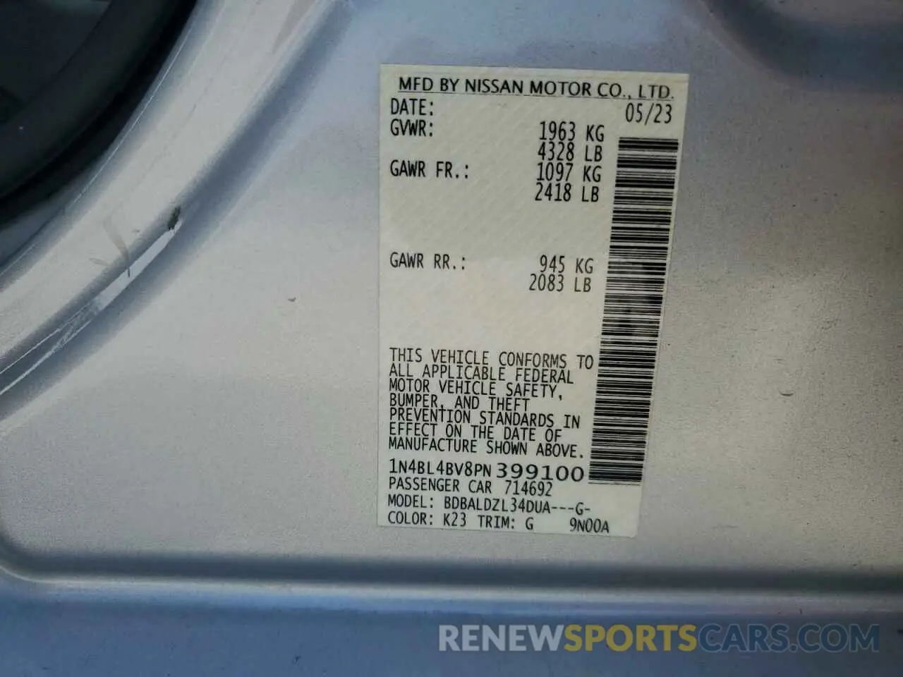 12 fotografías del automóvil dañado 1N4BL4BV8PN399100 NISSAN ALTIMA 2023