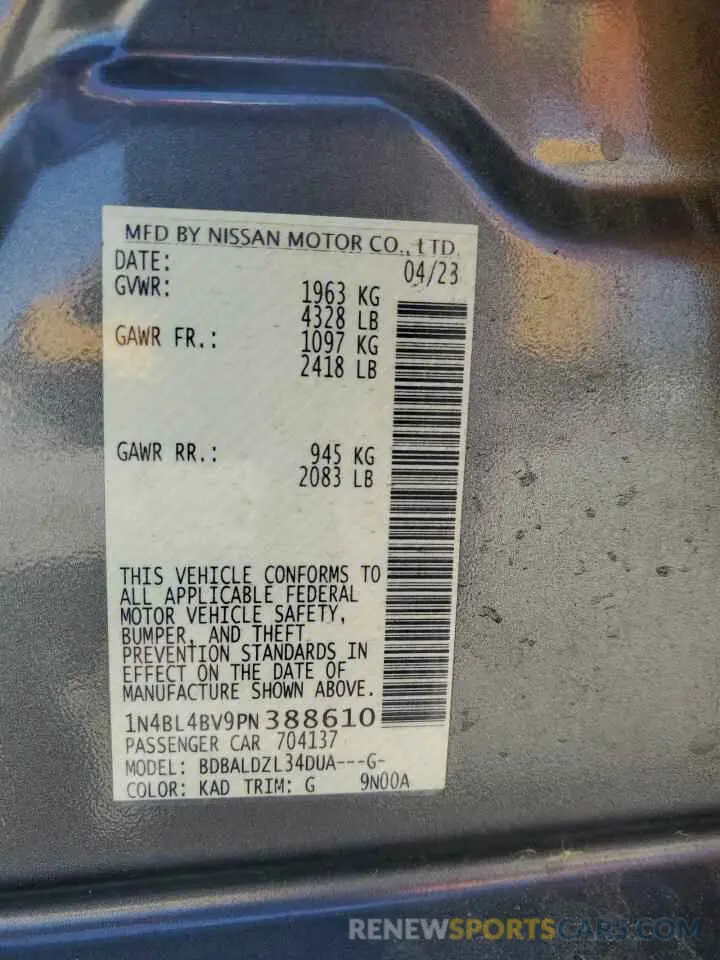 12 fotografías del automóvil dañado 1N4BL4BV9PN388610 NISSAN ALTIMA 2023
