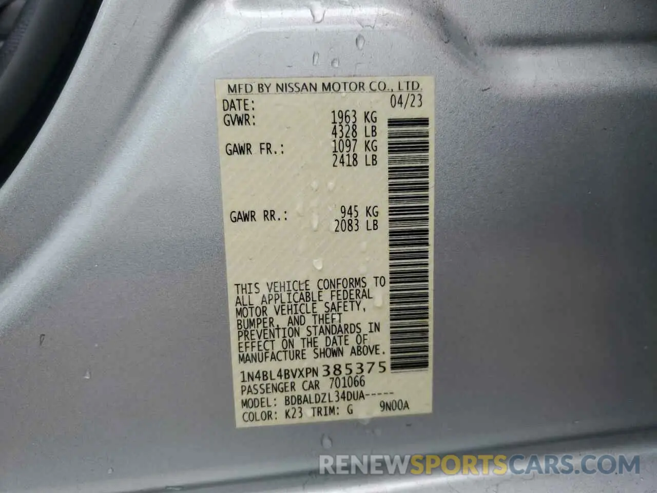 13 fotografías del automóvil dañado 1N4BL4BVXPN385375 NISSAN ALTIMA 2023