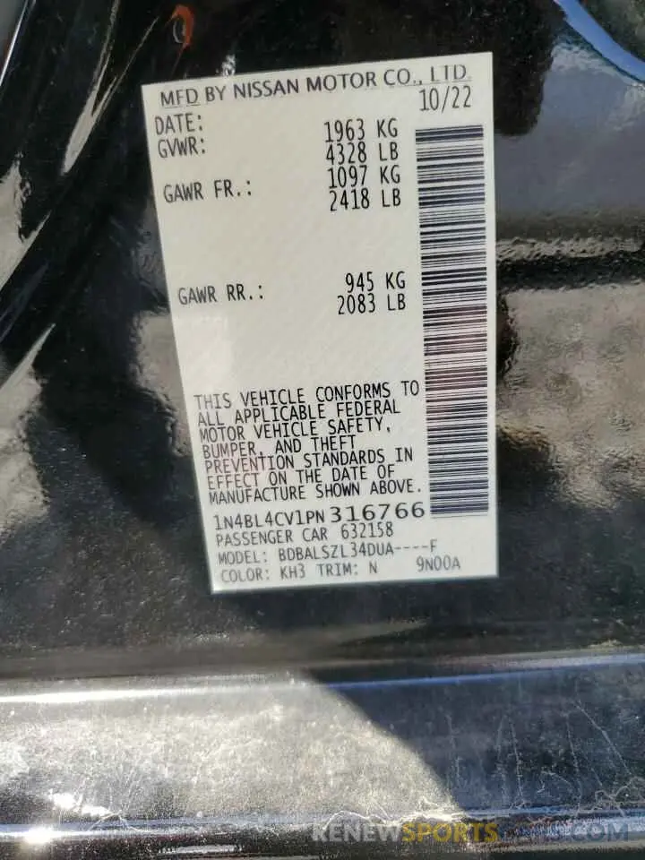 12 fotografías del automóvil dañado 1N4BL4CV1PN316766 NISSAN ALTIMA 2023