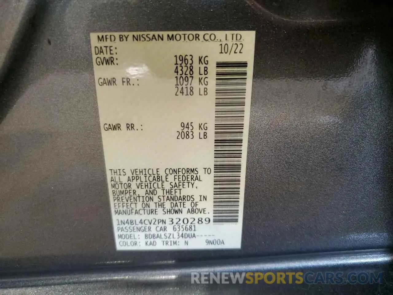 12 fotografías del automóvil dañado 1N4BL4CV2PN320289 NISSAN ALTIMA 2023