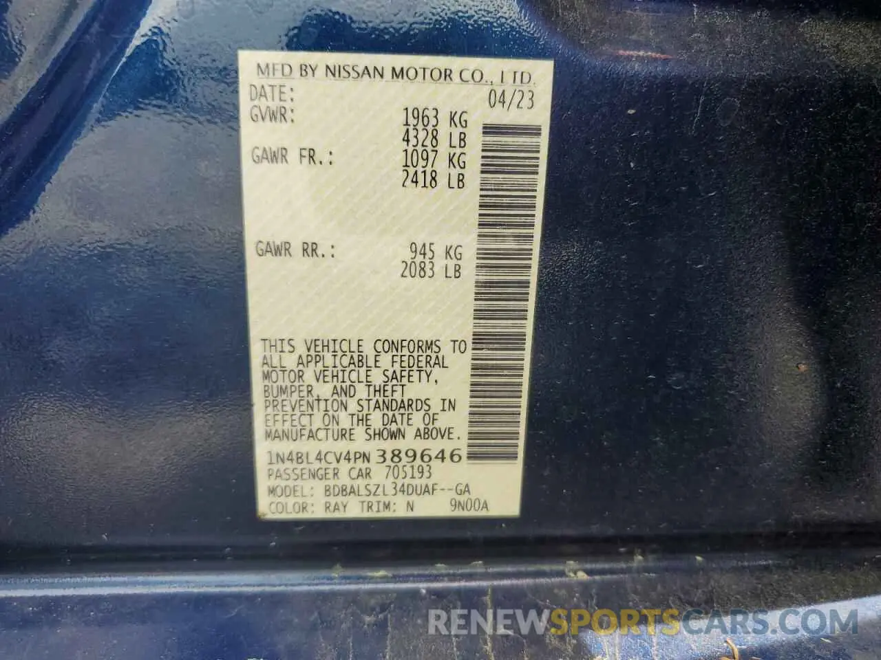 14 fotografías del automóvil dañado 1N4BL4CV4PN389646 NISSAN ALTIMA 2023