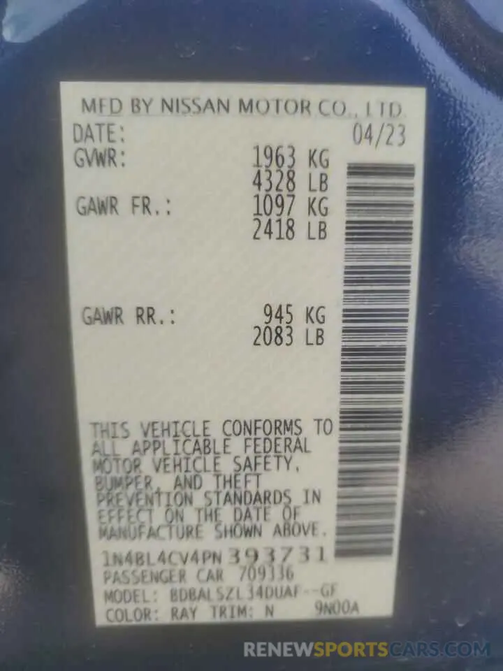 12 fotografías del automóvil dañado 1N4BL4CV4PN393731 NISSAN ALTIMA 2023