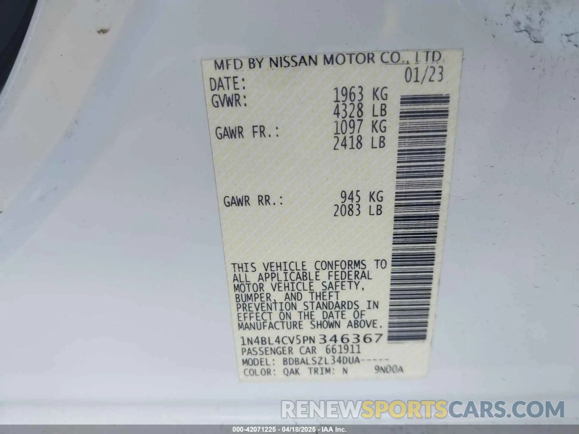 9 fotografías del automóvil dañado 1N4BL4CV5PN346367 NISSAN ALTIMA 2023
