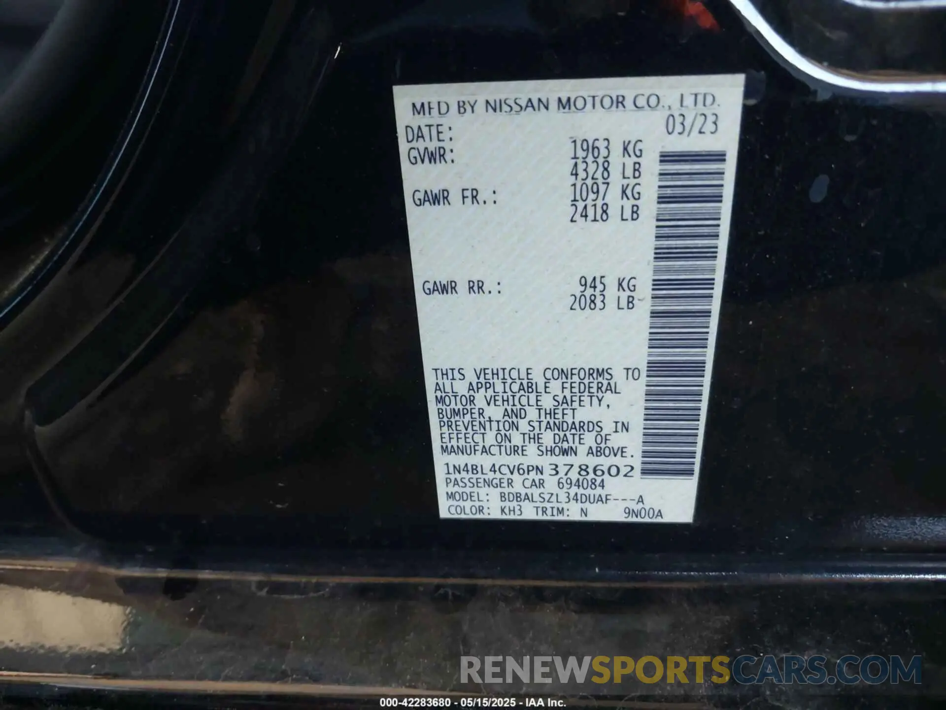 9 fotografías del automóvil dañado 1N4BL4CV6PN378602 NISSAN ALTIMA 2023