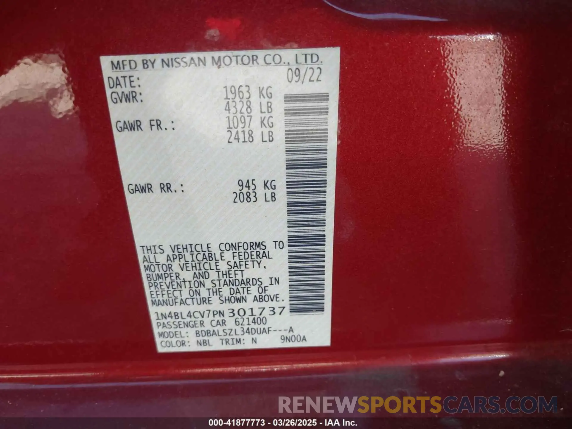 9 fotografías del automóvil dañado 1N4BL4CV7PN301737 NISSAN ALTIMA 2023