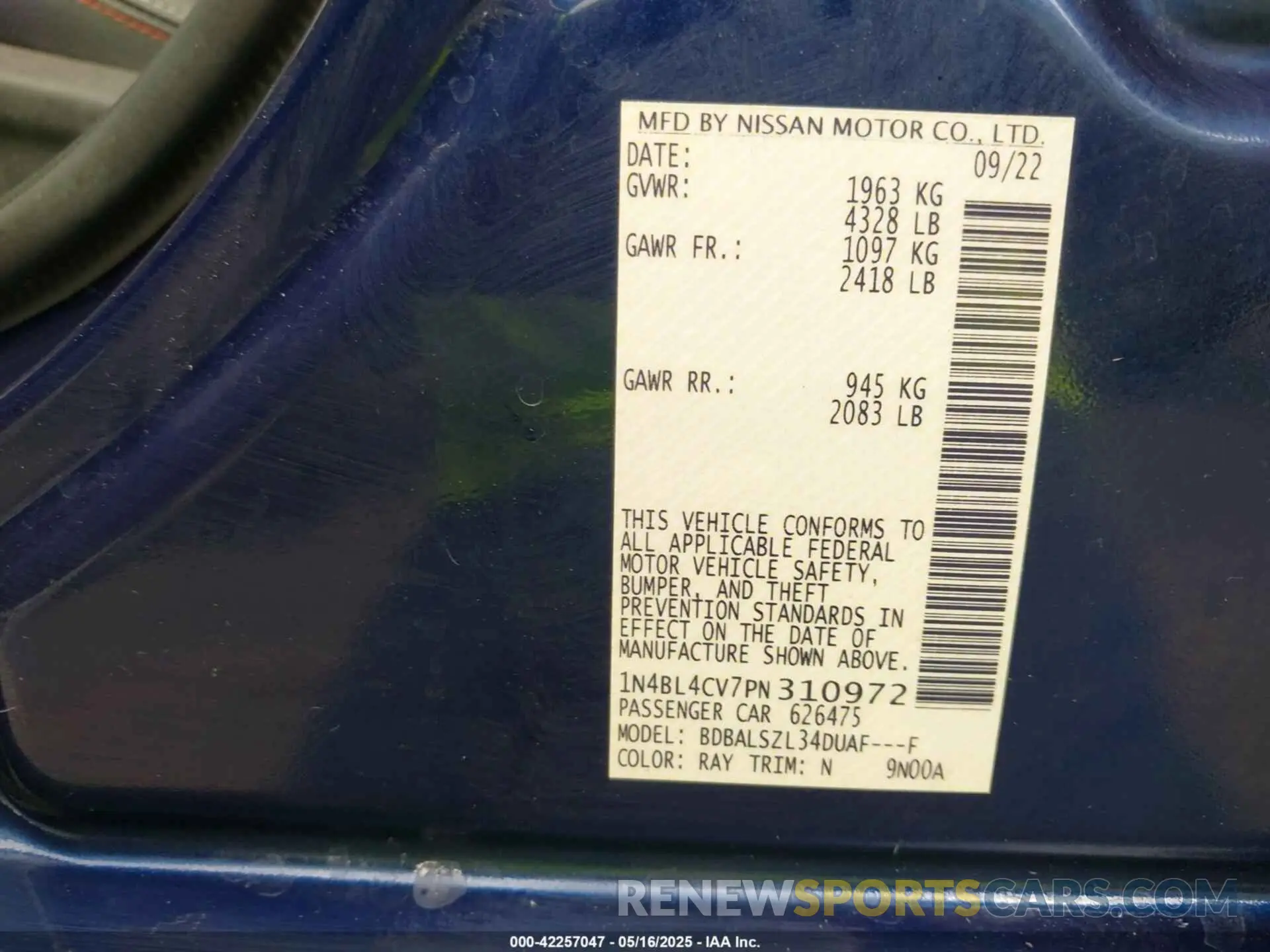 9 fotografías del automóvil dañado 1N4BL4CV7PN310972 NISSAN ALTIMA 2023