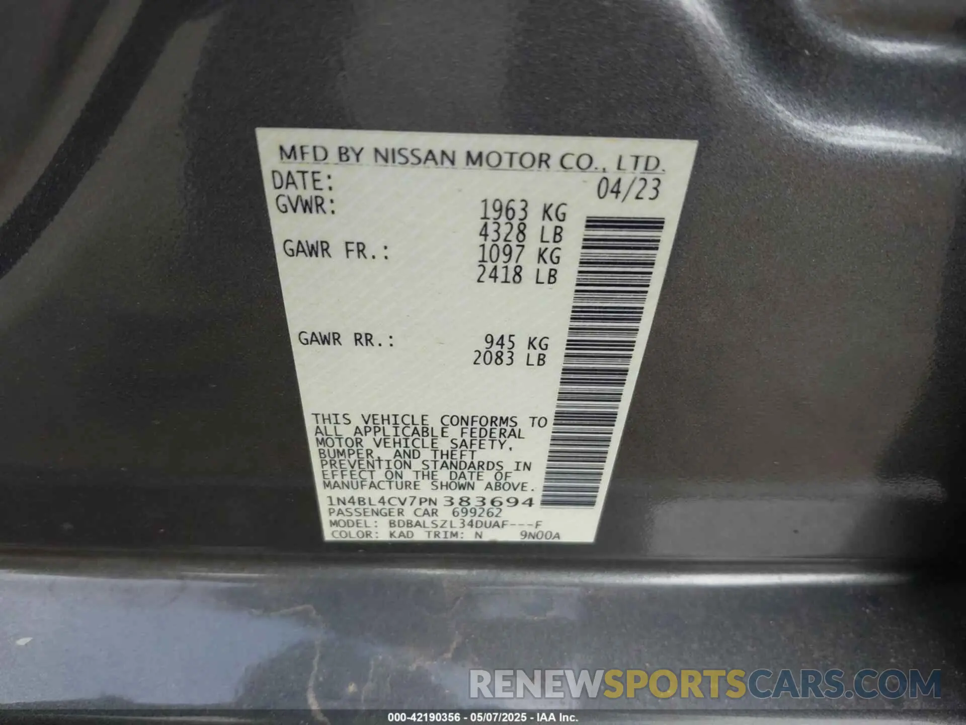 9 fotografías del automóvil dañado 1N4BL4CV7PN383694 NISSAN ALTIMA 2023