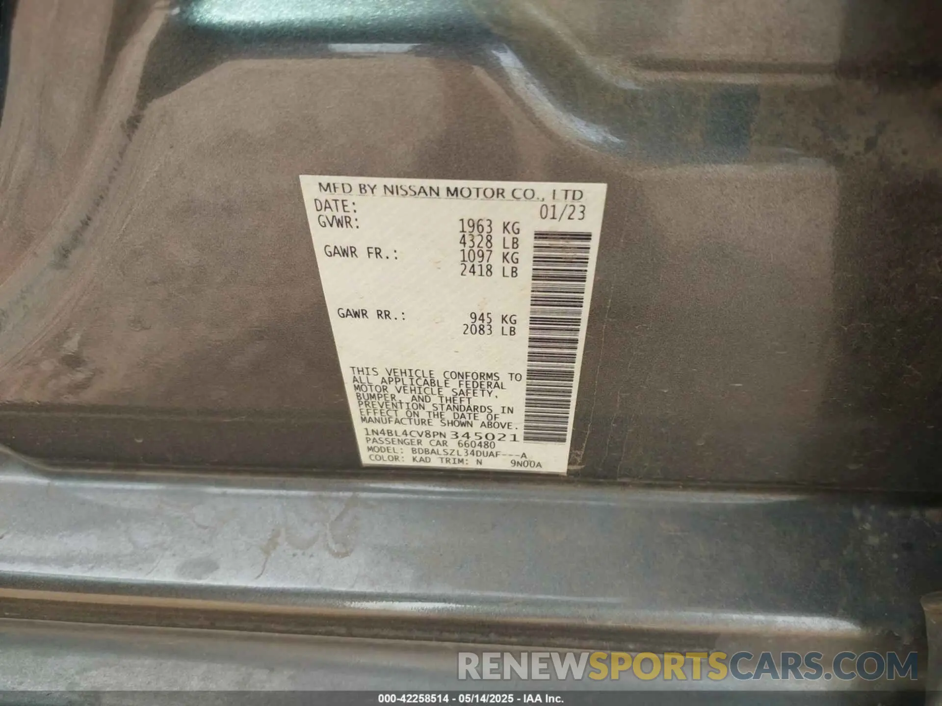 9 fotografías del automóvil dañado 1N4BL4CV8PN345021 NISSAN ALTIMA 2023