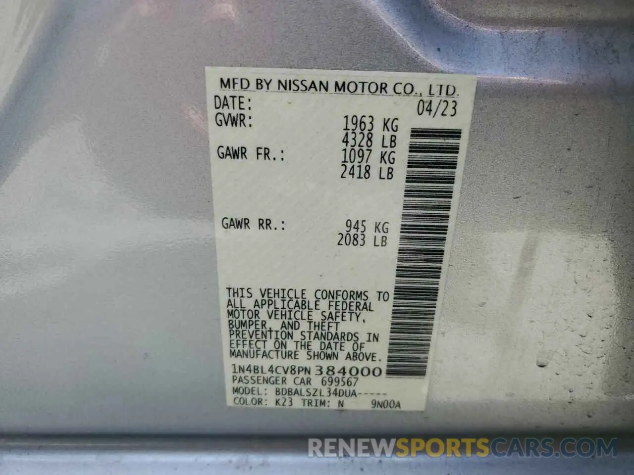 12 fotografías del automóvil dañado 1N4BL4CV8PN384000 NISSAN ALTIMA 2023
