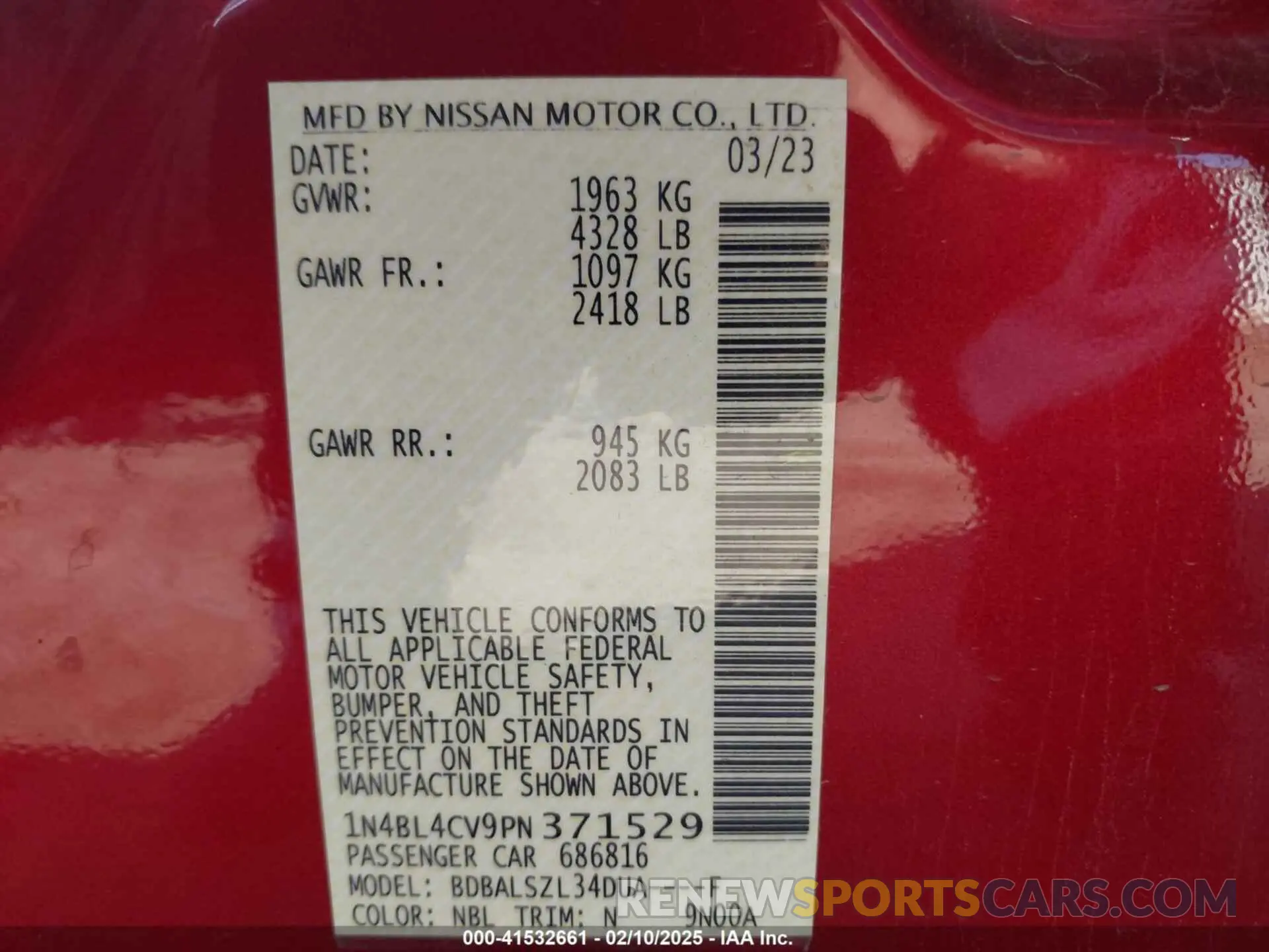 9 fotografías del automóvil dañado 1N4BL4CV9PN371529 NISSAN ALTIMA 2023