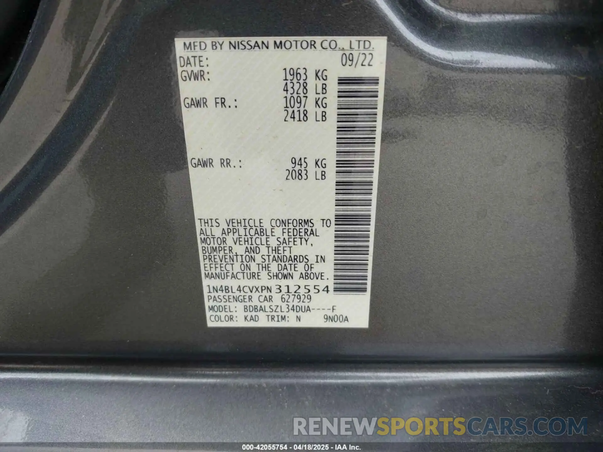 9 fotografías del automóvil dañado 1N4BL4CVXPN312554 NISSAN ALTIMA 2023