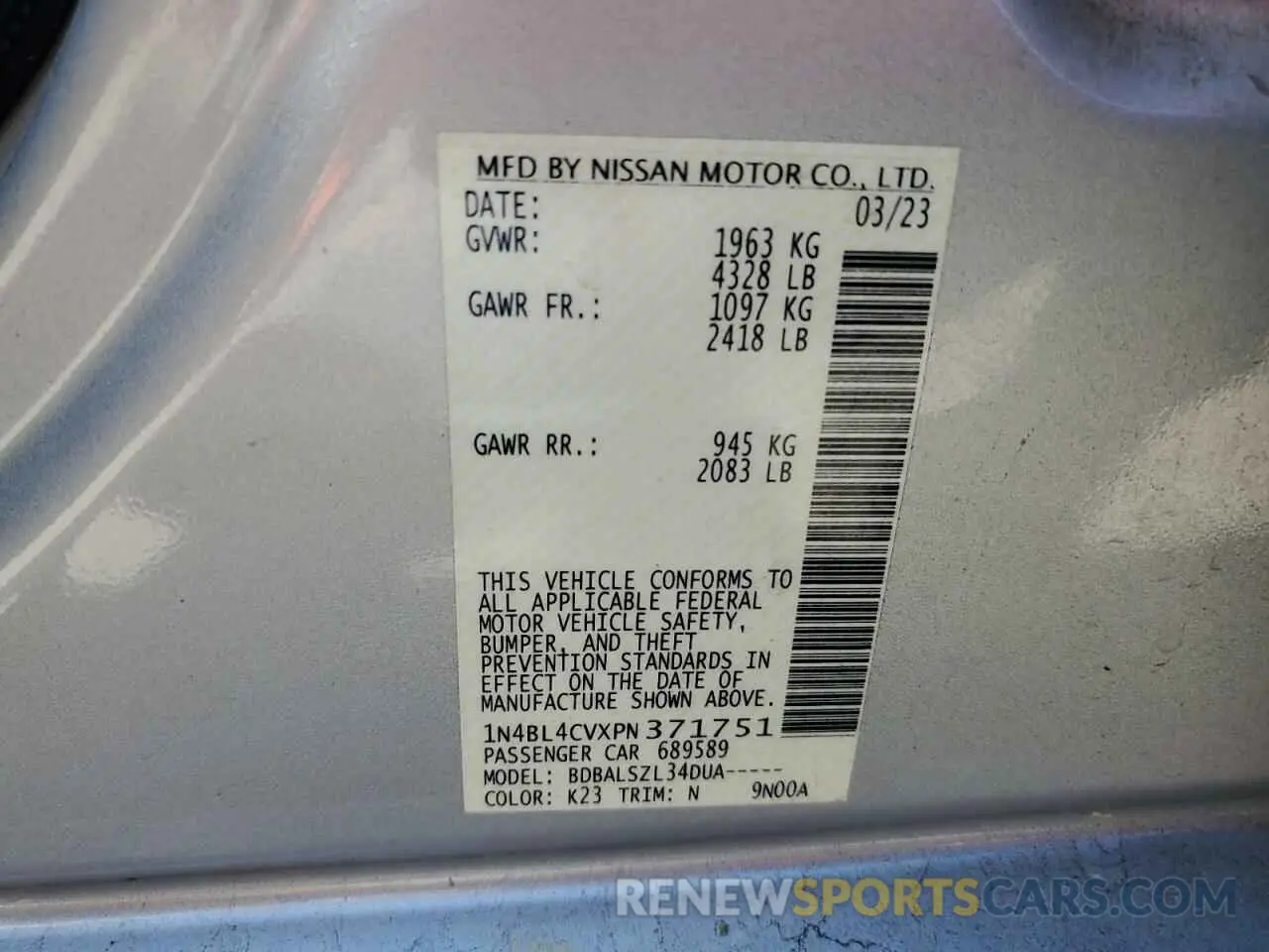 12 fotografías del automóvil dañado 1N4BL4CVXPN371751 NISSAN ALTIMA 2023