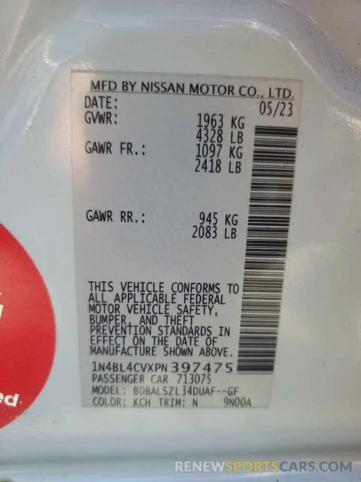13 fotografías del automóvil dañado 1N4BL4CVXPN397475 NISSAN ALTIMA 2023