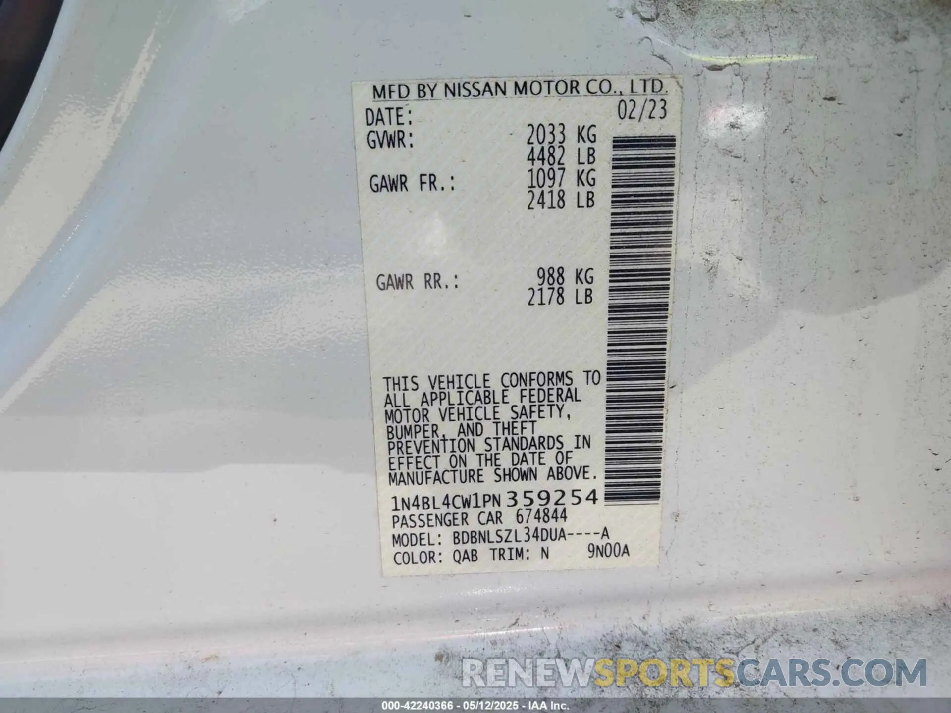 9 fotografías del automóvil dañado 1N4BL4CW1PN359254 NISSAN ALTIMA 2023